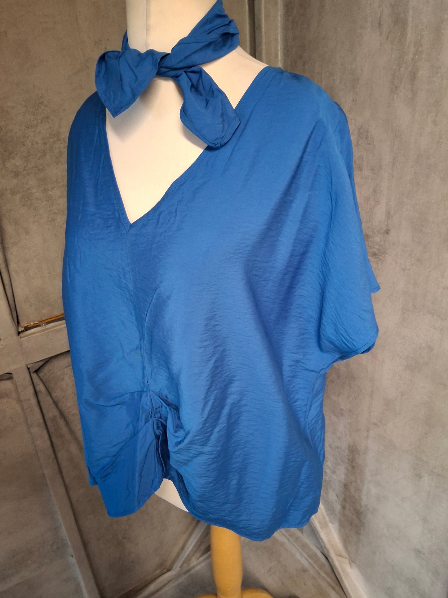 F&F Blue Short Sleeve Top with Neck Tie – Size 18 | NWT | Ruched Front | Viscose Blend