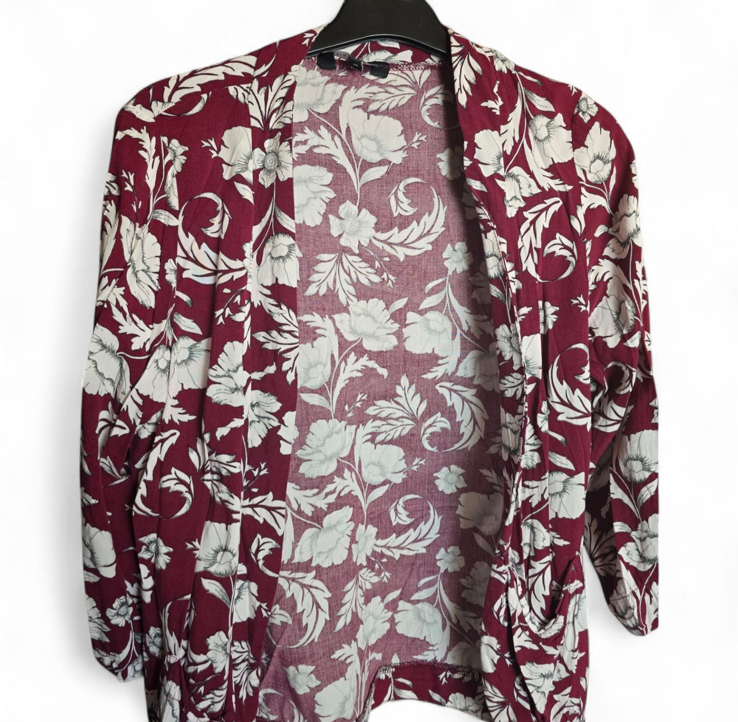 New Look Burgundy Floral Kimono – 3/4 Sleeves, Lightweight, Open Front, Effortless Style