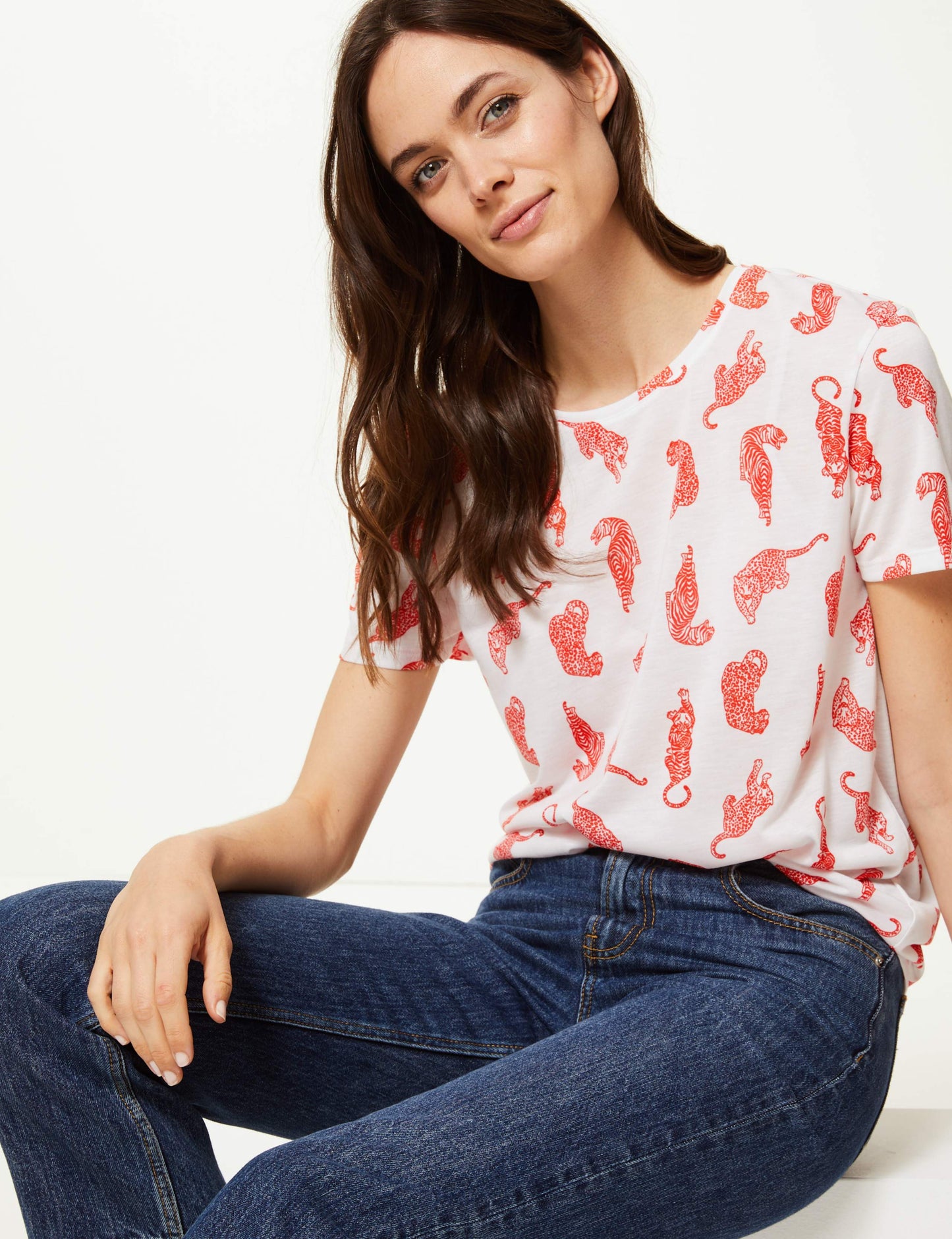 M&S White & Orange Animal Print Tee – Statement Tiger Vibes – Size 12