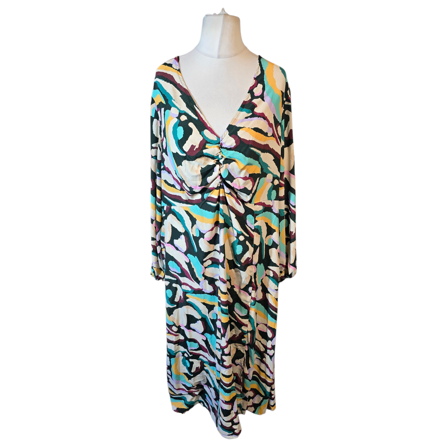Tu Multicolour Abstract Midi/Maxi Dress – Size 22 – Long Sleeve Ruched Detail