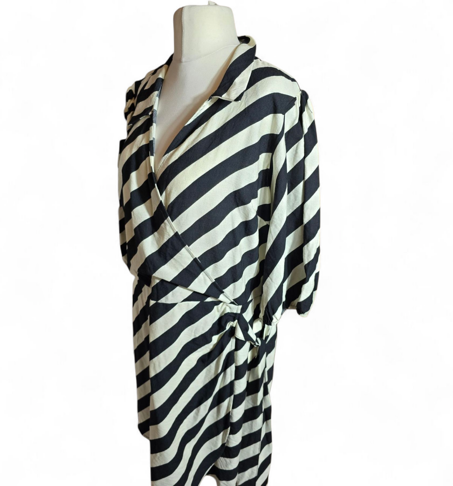 F&F Black & White Striped Wrap Dress | Size 22 UK | 3/4 Sleeve V-Neck Tie Waist