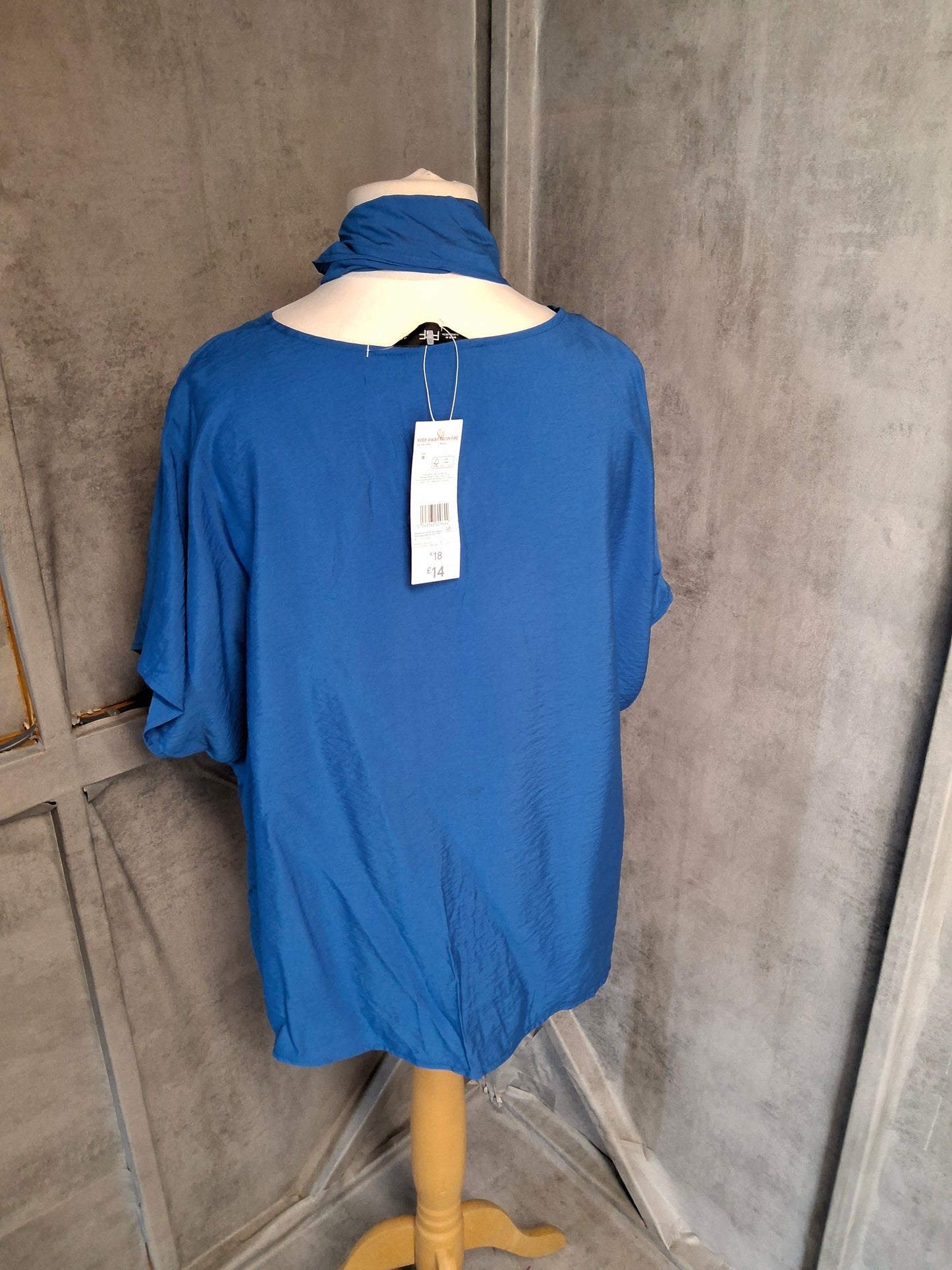 F&F Blue Short Sleeve Top with Neck Tie – Size 18 | NWT | Ruched Front | Viscose Blend