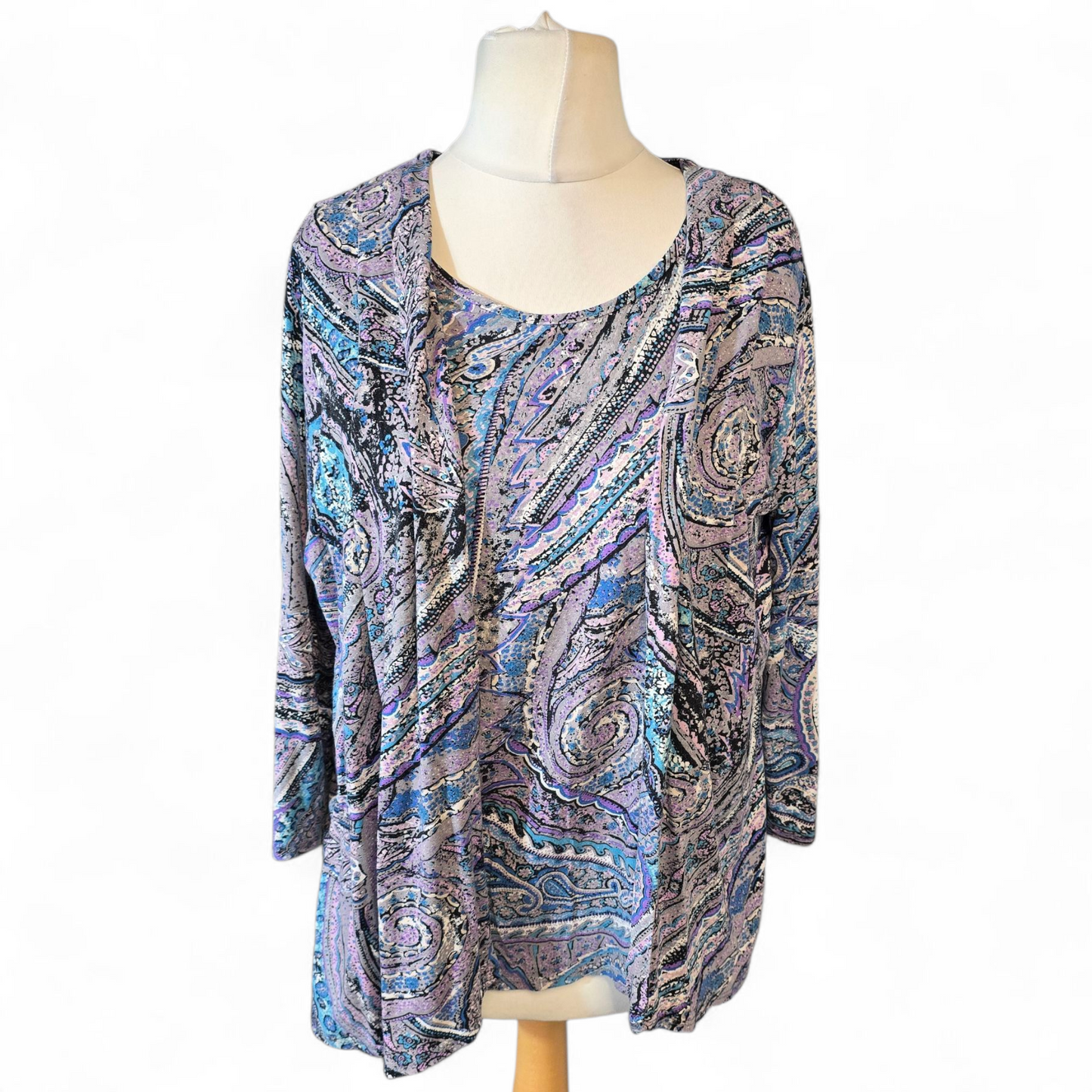 Per Una Purple, Green & Blue Patterned Layered Top ā Size 16 ā Stretchy Fit