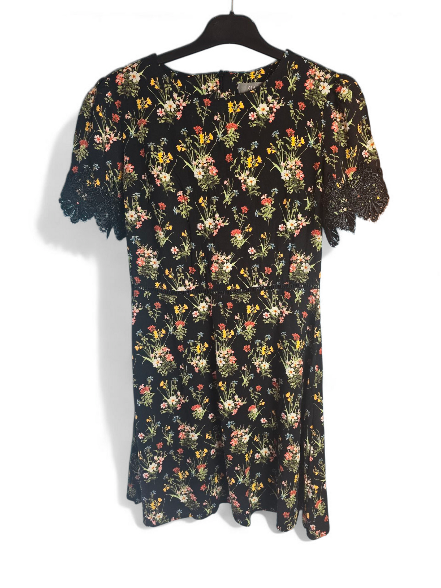 Oasis Black Floral Knee-Length Dress Size 10 – Lace Sleeves, Round Neck, Zip Back, 100% Viscose
