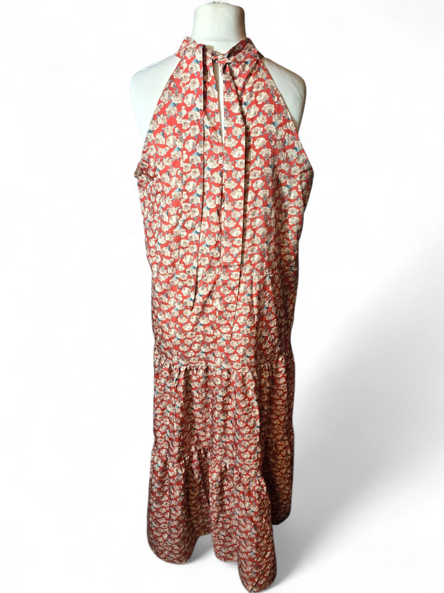 Red & beige floral halterneck sleeveless flared maxi dress XL size 14/16