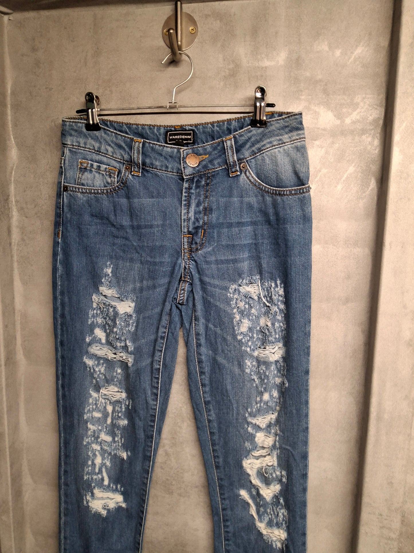 Warehouse Distressed Skinny Jeans – Size 6 Mid-Rise Blue Denim