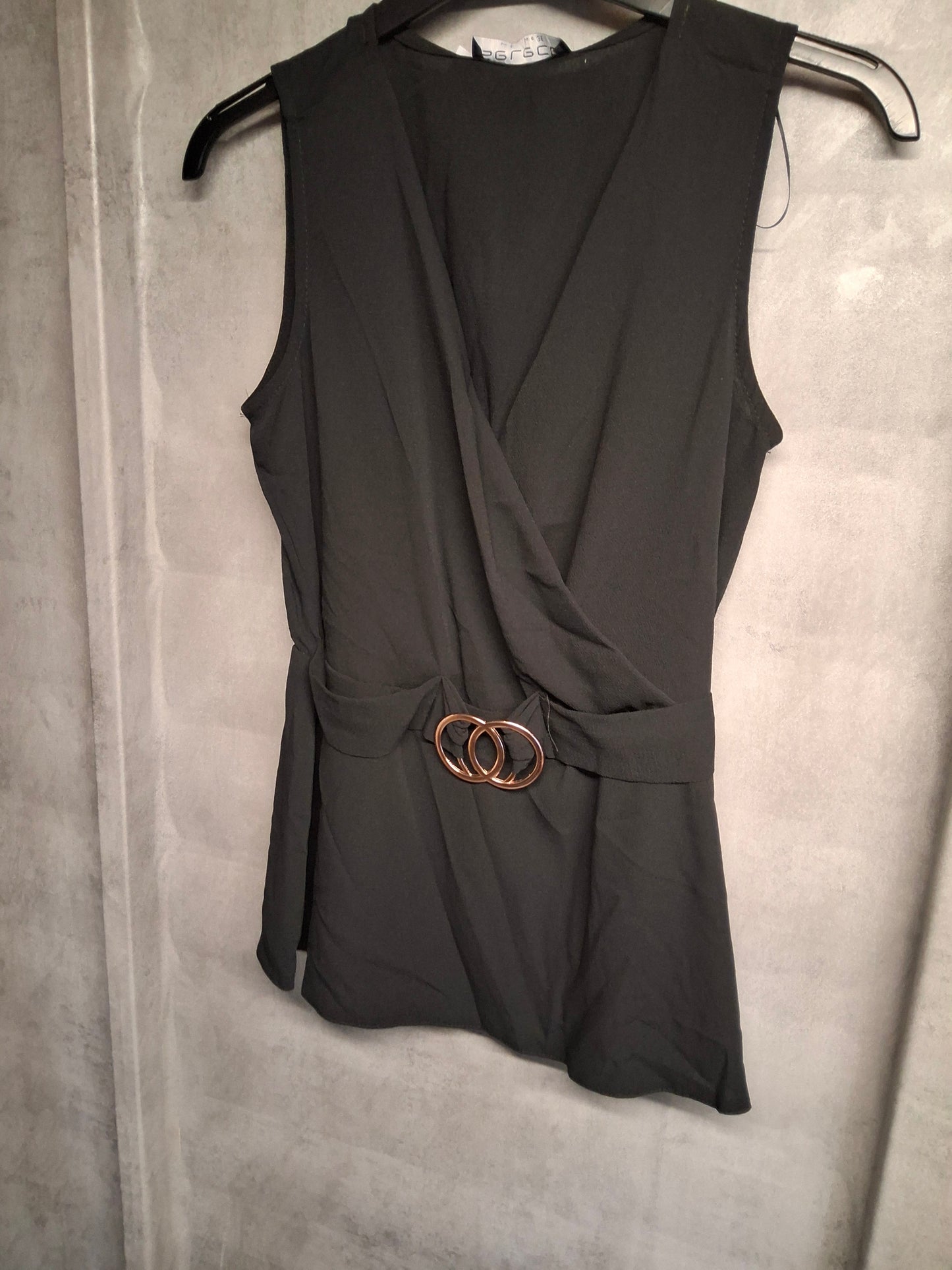 Select Black Sleeveless Peplum Top – Size 8 with Gold Buckle Detail