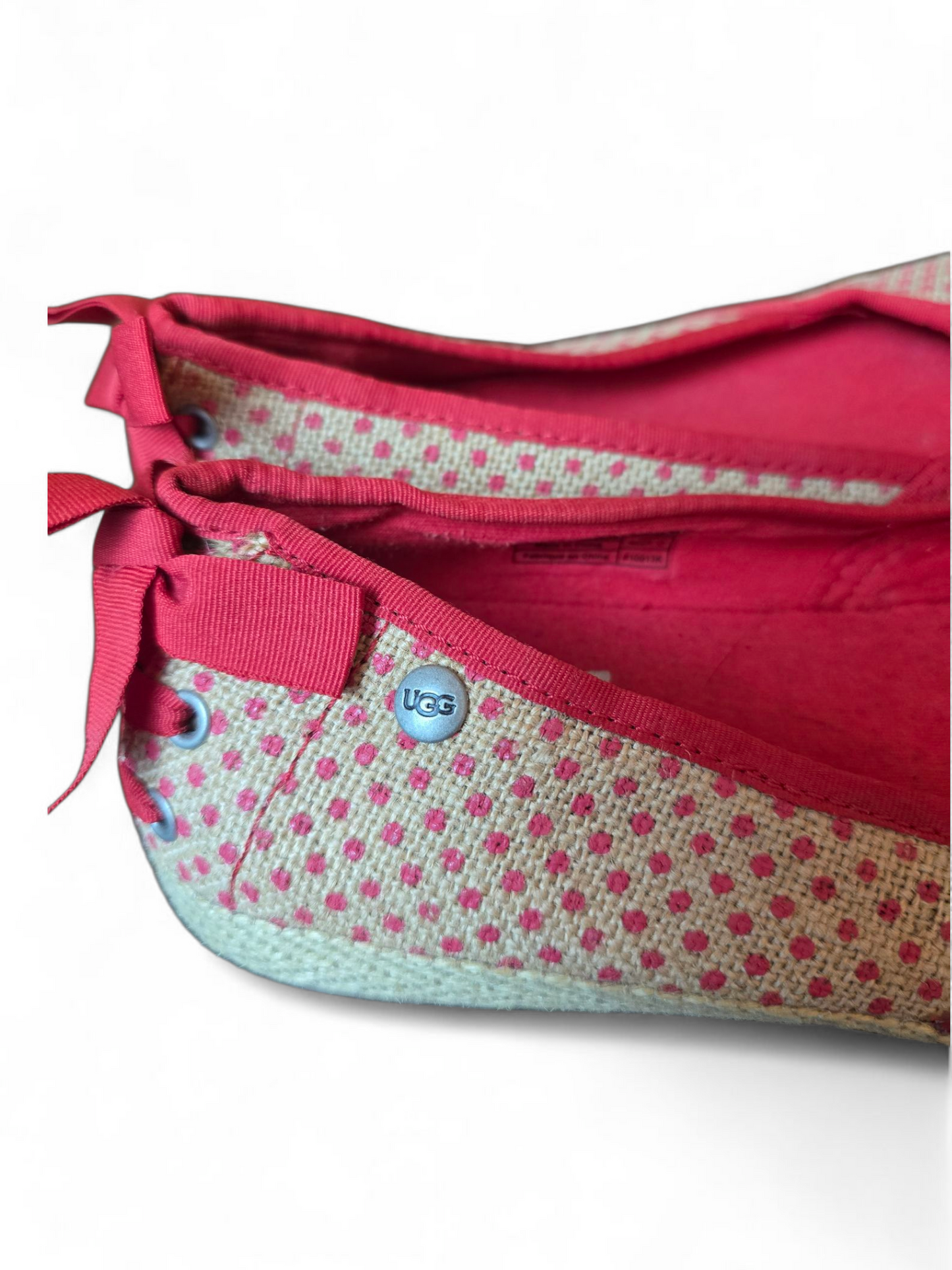 UGG Australia Polka Dot Slip-On Flats UK 4.5 – Beige/Red, Bow Back, Fleece Lined, Casual Style