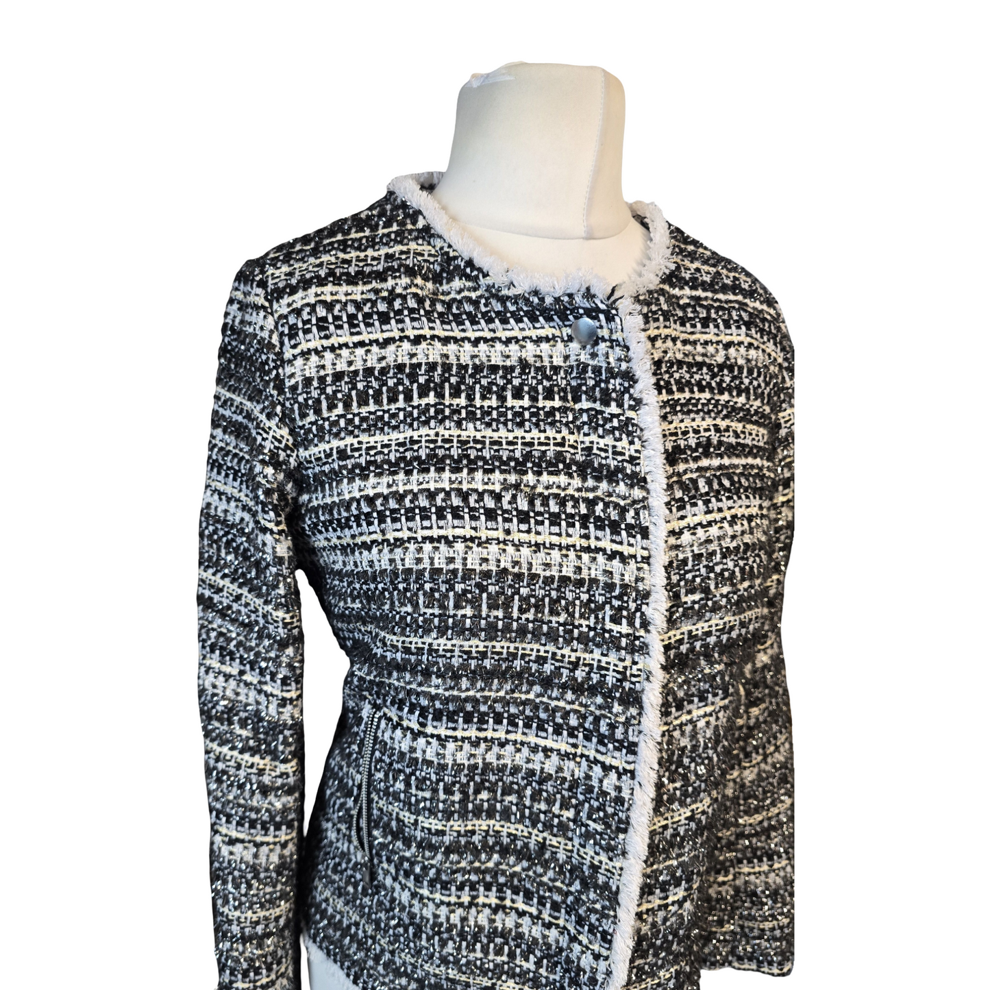 Next Tailoring Black & White Tweed Blazer – Size 10R – Zip Front & Pockets