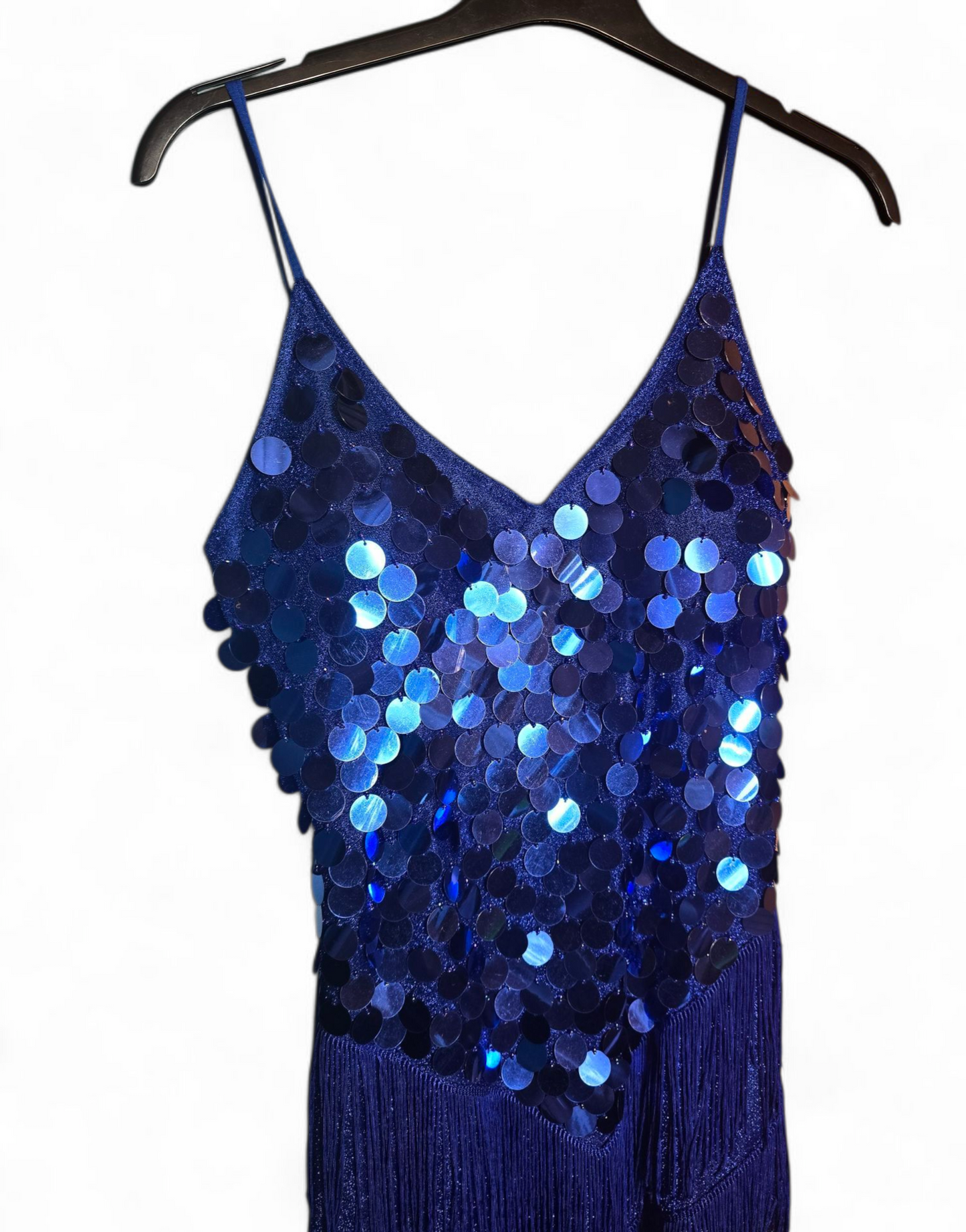 Blue Sequin Glitter 1920s Flapper Dress Tassel Detail Adjustable Straps V-Neck