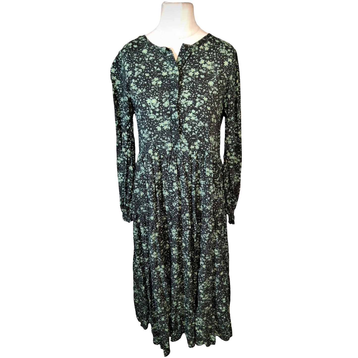 Zara Black & Green Floral Midi Dress β Long Sleeve β Size S (UK size 10/12)