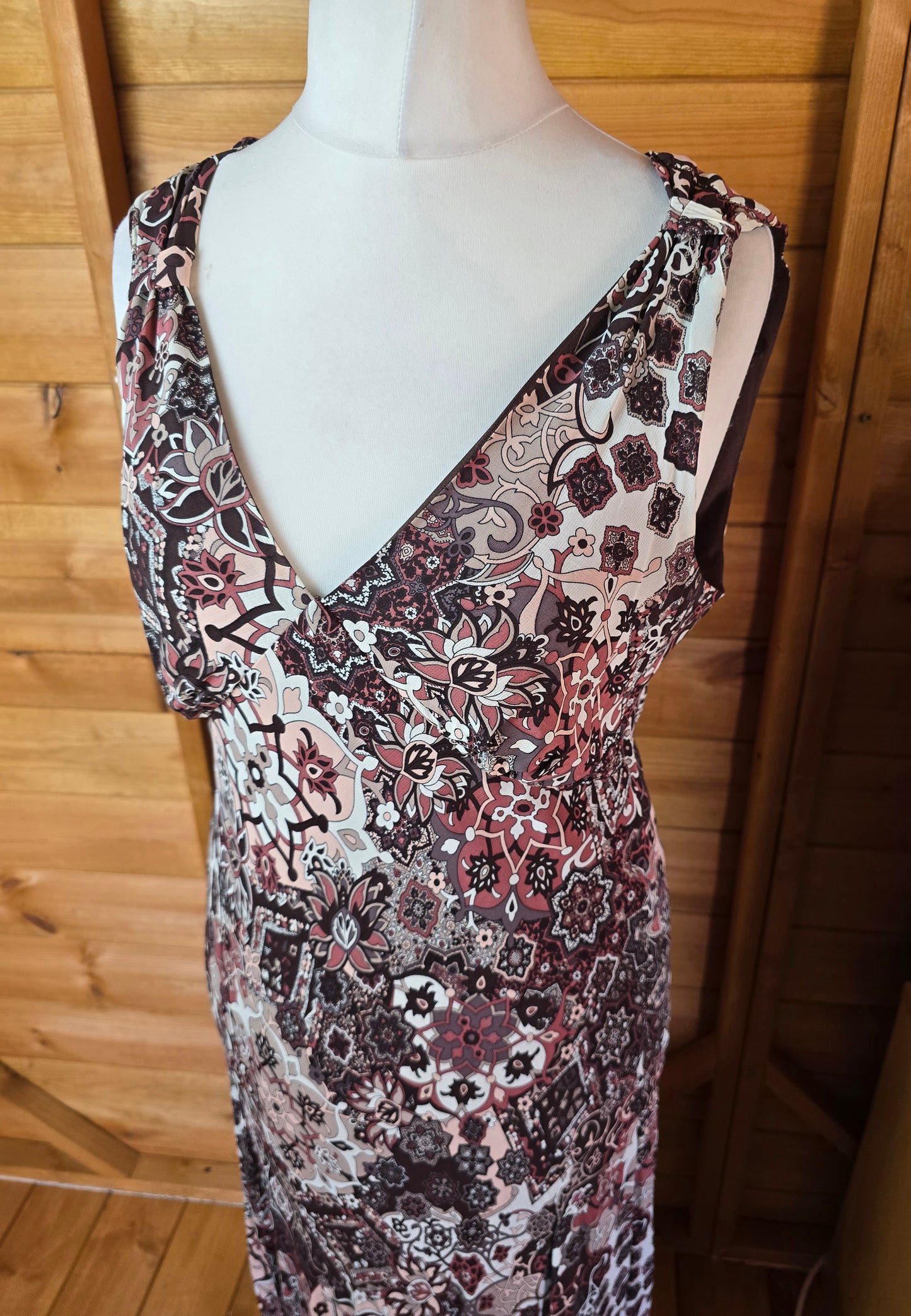 Etam Y2K Brown & Cream Floral Midi Dress – V-Neck, Sleeveless, Asymmetric Zip, Size UK size 10