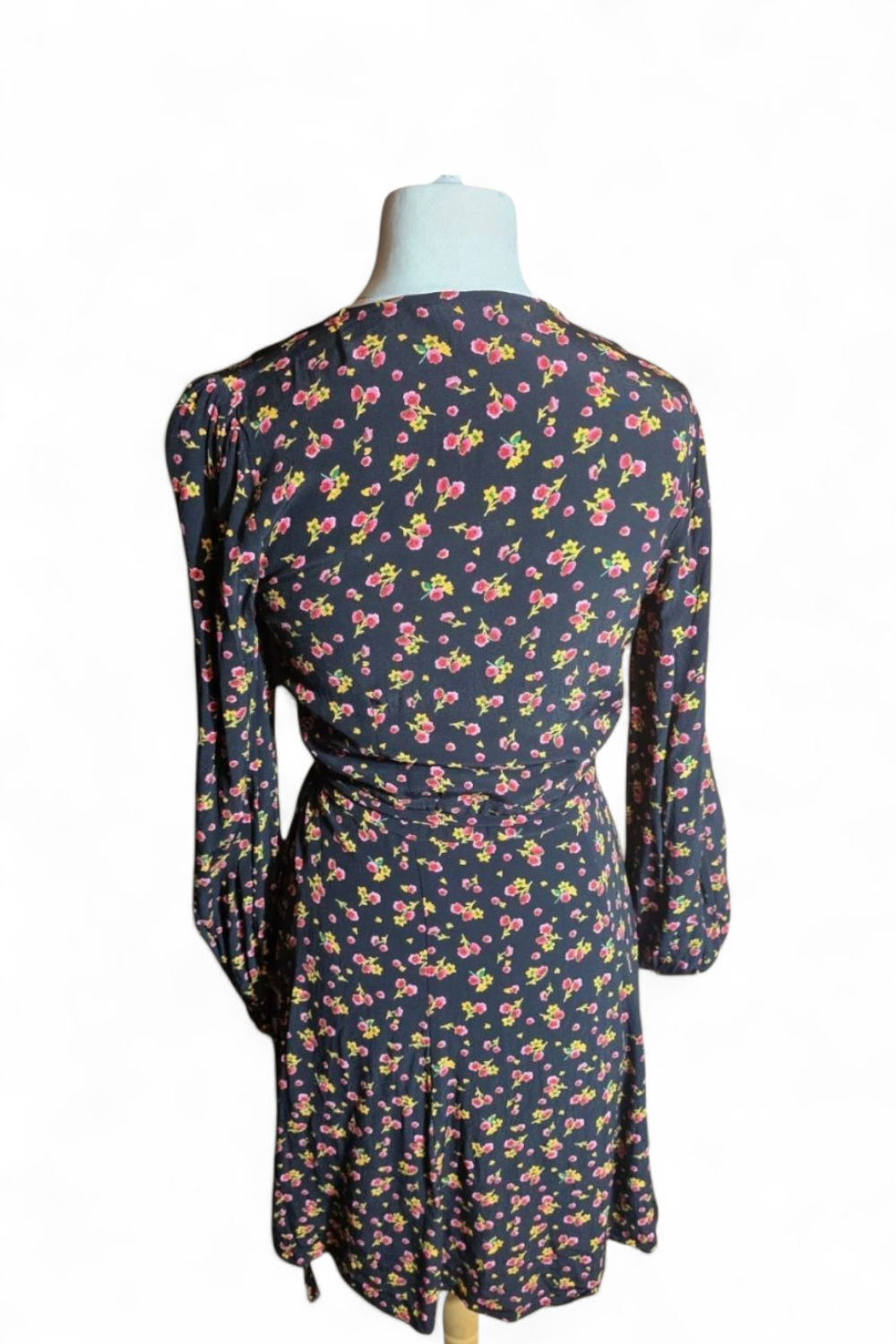 M&S Ghost Black Floral Wrap Midi Dress Size 8 – Long Sleeves, V-Neck, Elegant & Flattering