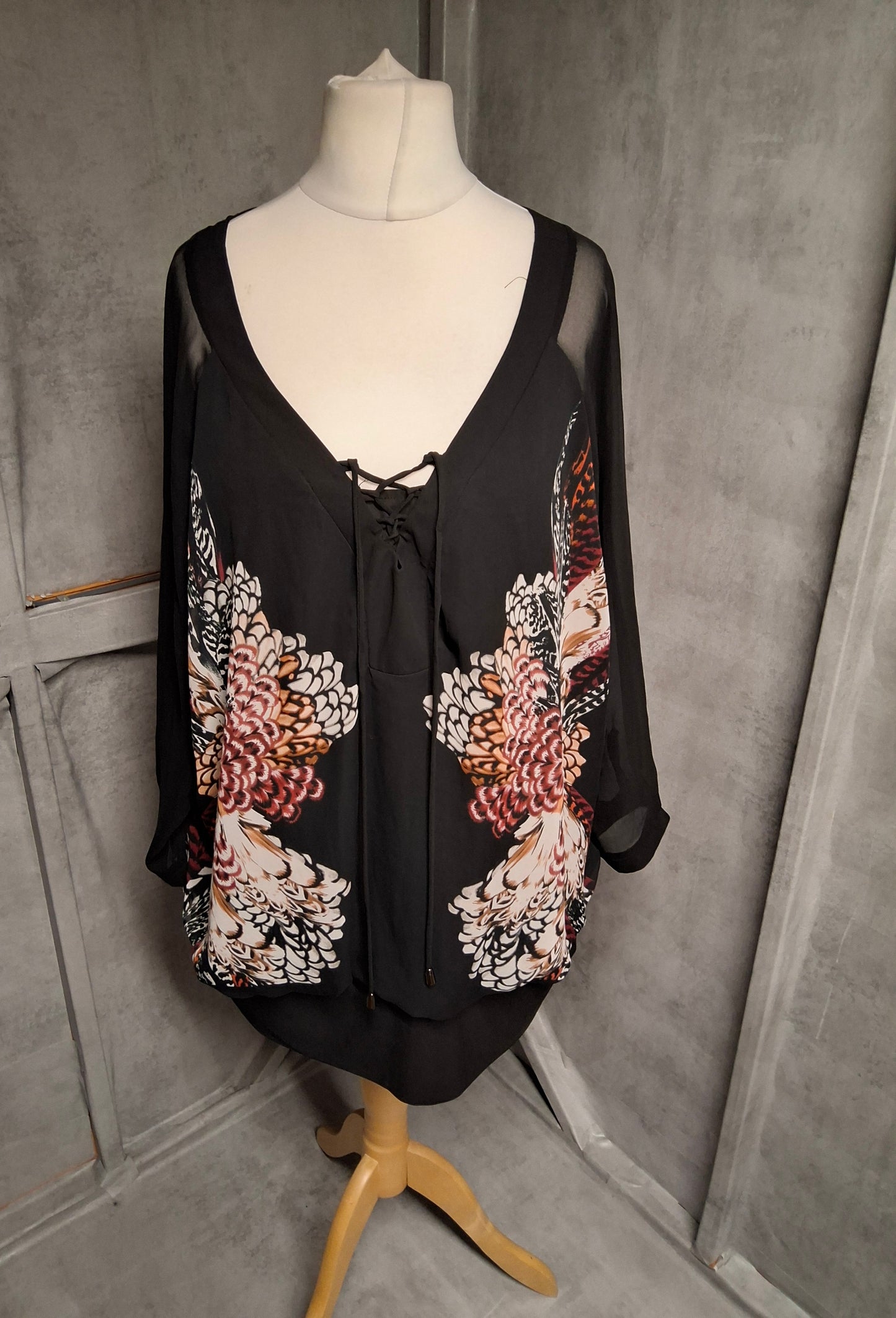Star by Julien Macdonald Black Floral Lace-Up Blouse β Size 24 β Sheer & Floaty