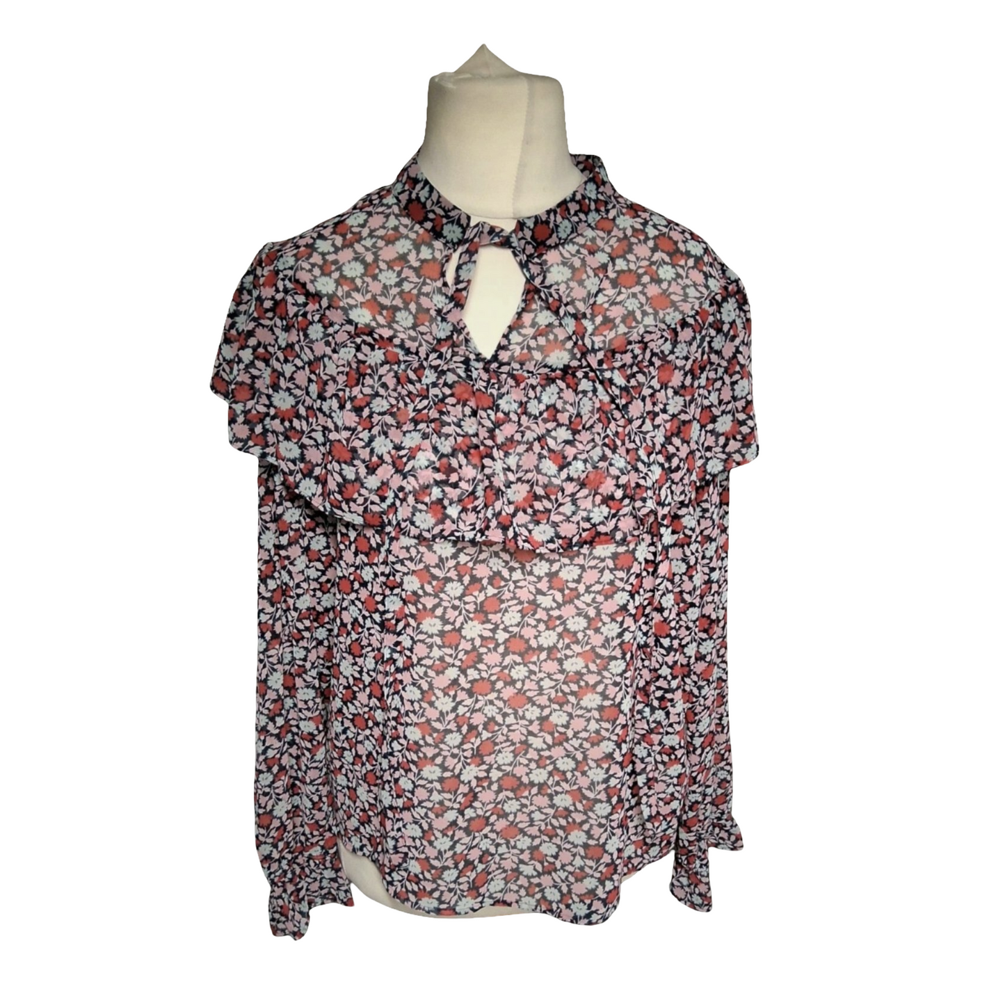 M&S Pink, Red & Navy Floral Sheer Blouse β Size 14