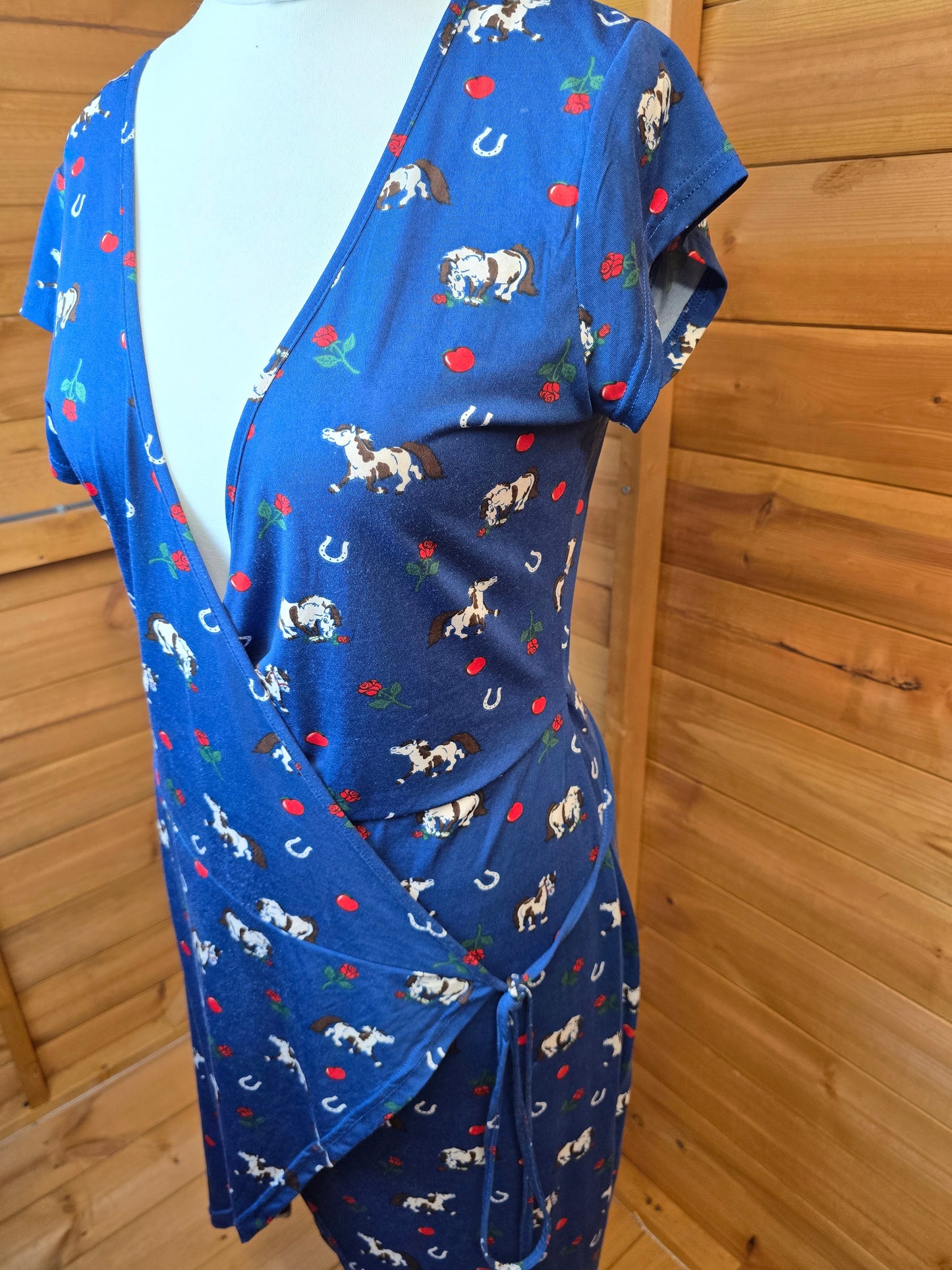 Lindy Bop Blue Print Wrap Dress Size 12 – V-Neck, Midi, Stretchy, Horse & Cherry Rose Design