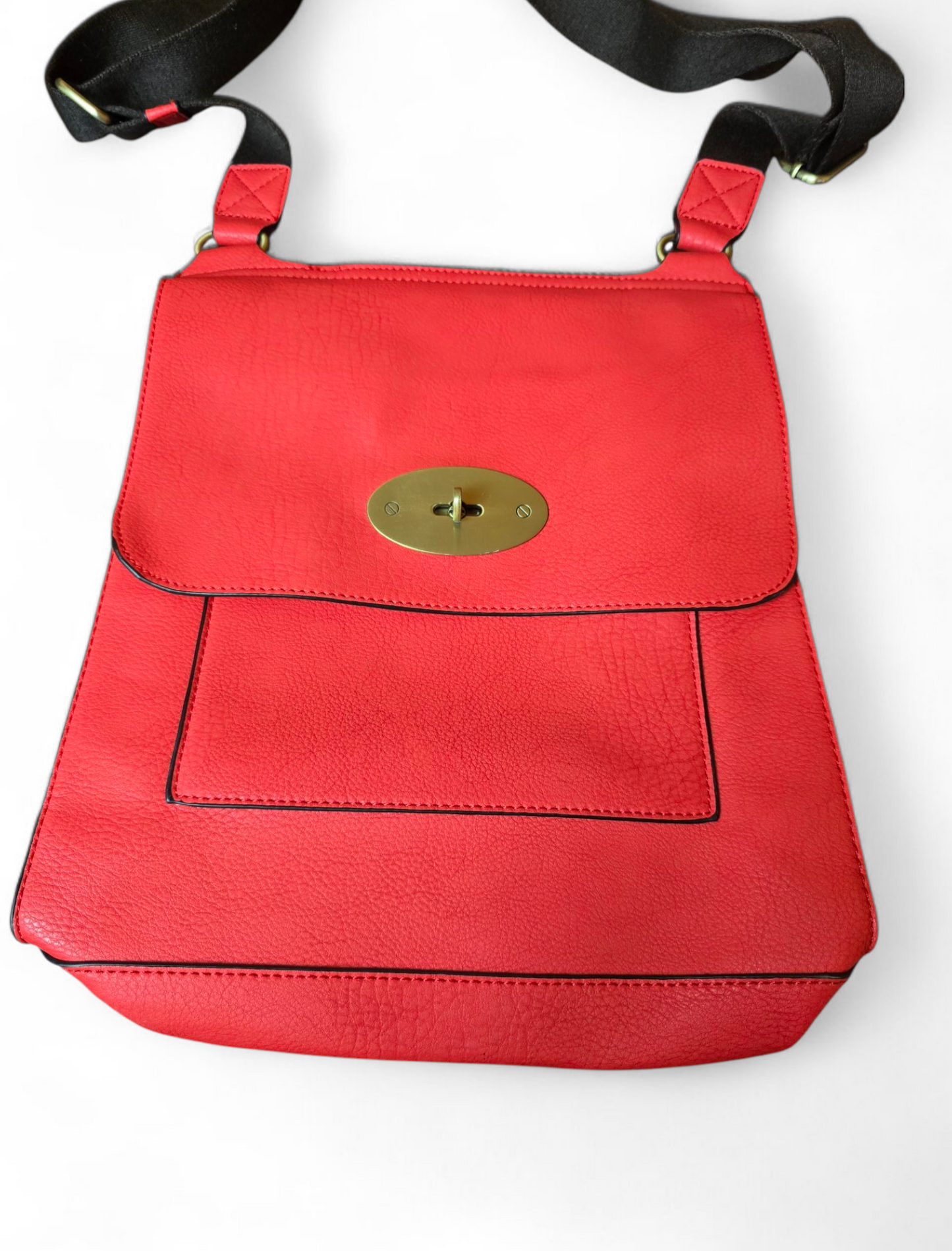 Fashion Star Red Faux Leather Handbag – Square Shape, Brown Strap, 26x31cm, Clasp Close, Pocket