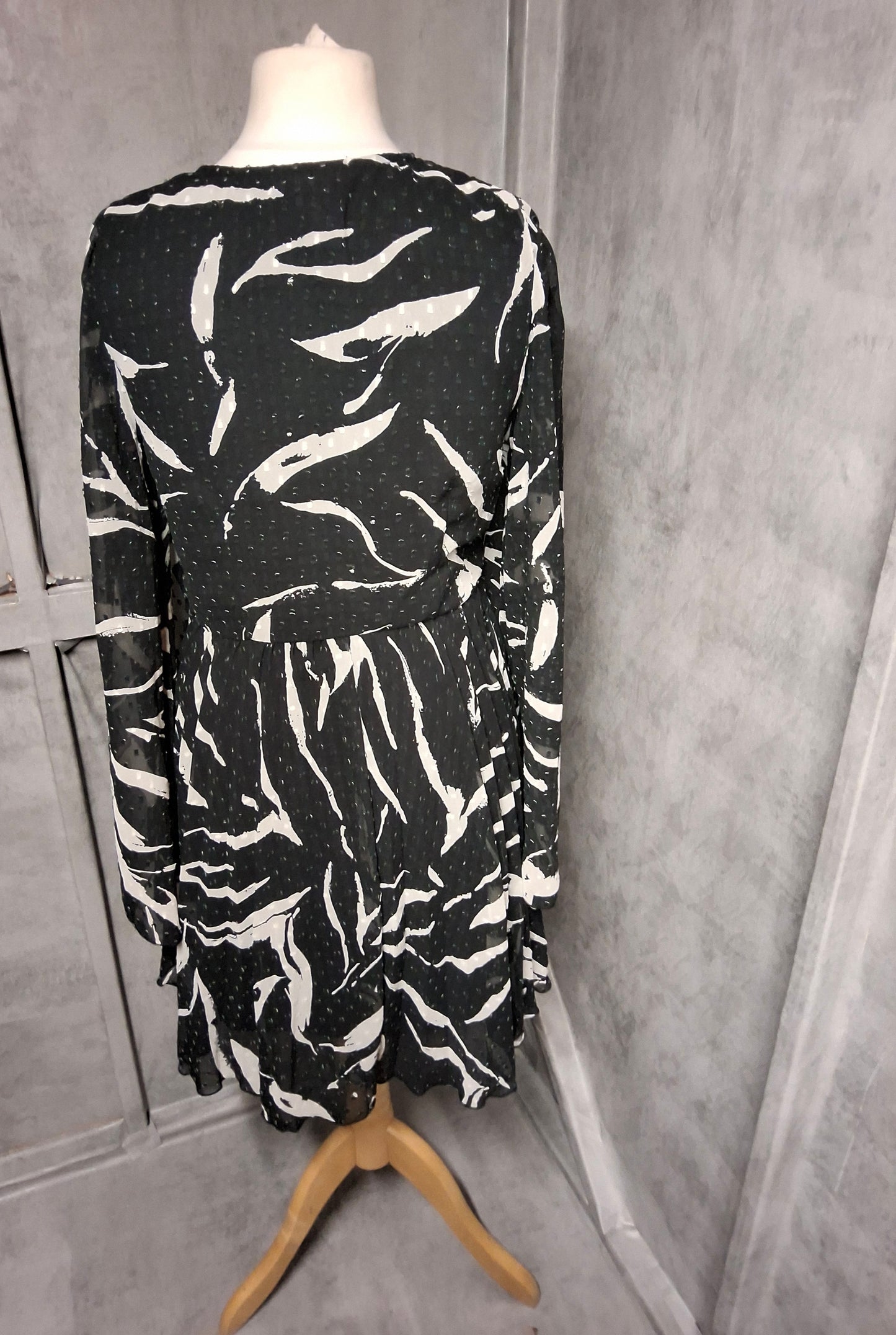 ASOS Black & White Sheer Long Sleeve Wrap Dress | Size 12
