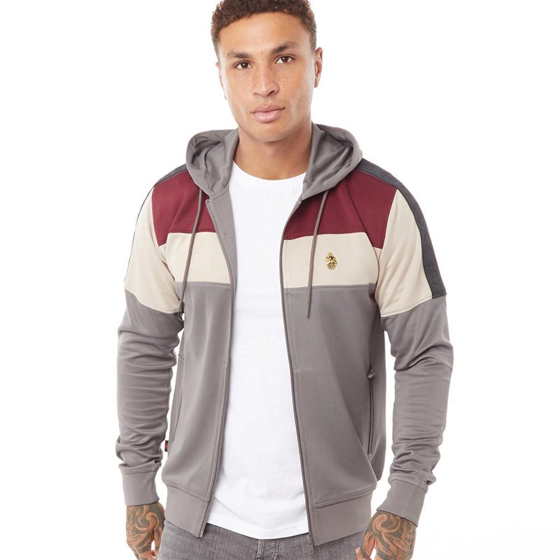 Luke Men’s Grey Beige & Burgundy Zip Up Hoodie – XL – Drawstring Hood & Zipped Pockets