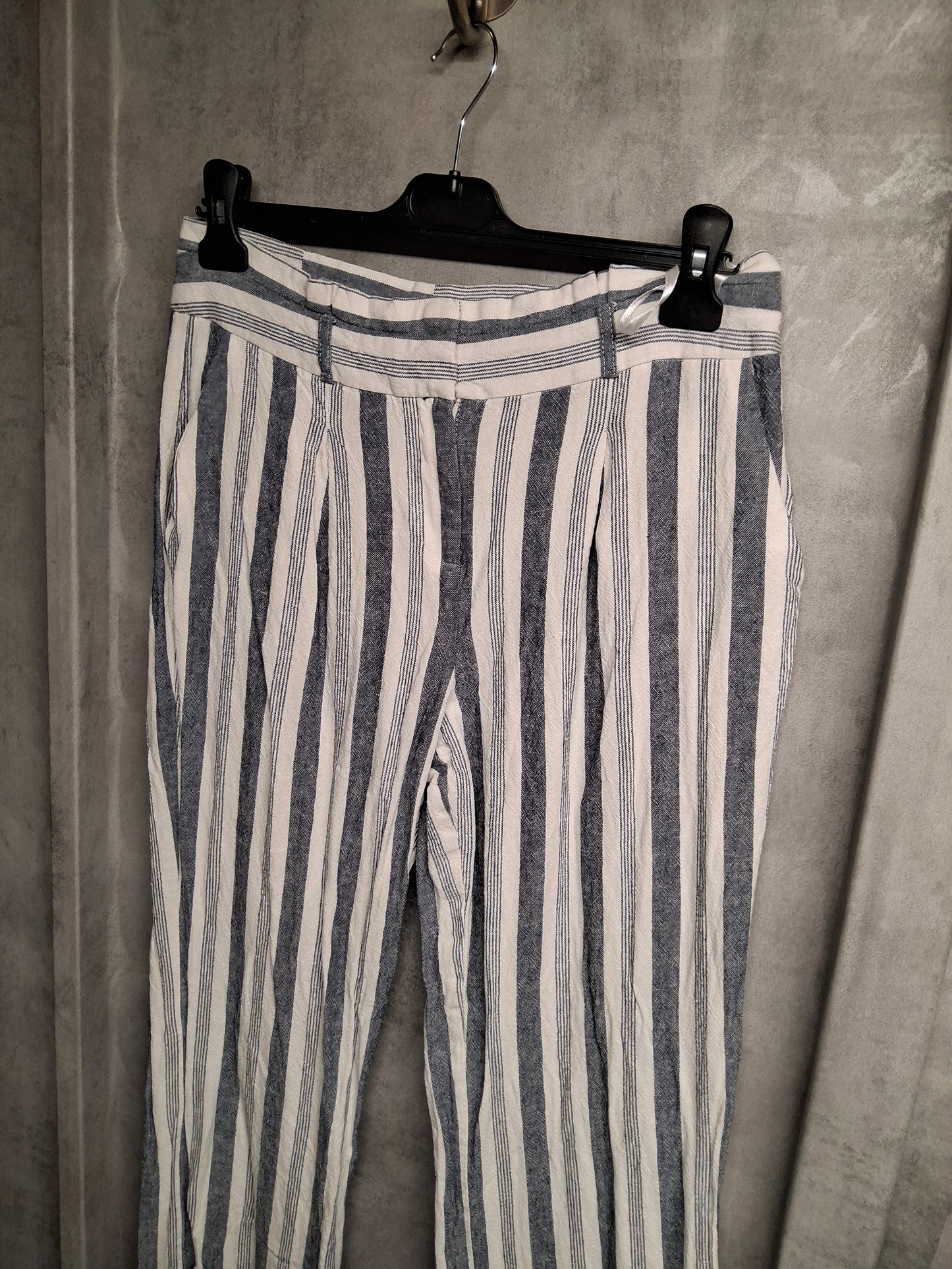 Nutmeg Navy & White Striped Linen-Blend Bootcut Trousers | Size 10