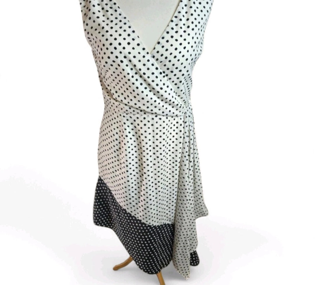 Lavish Alice Black & White Polka Dot Midi Dress – Size 12, Sleeveless, V-Neck, Asymmetrical Hem