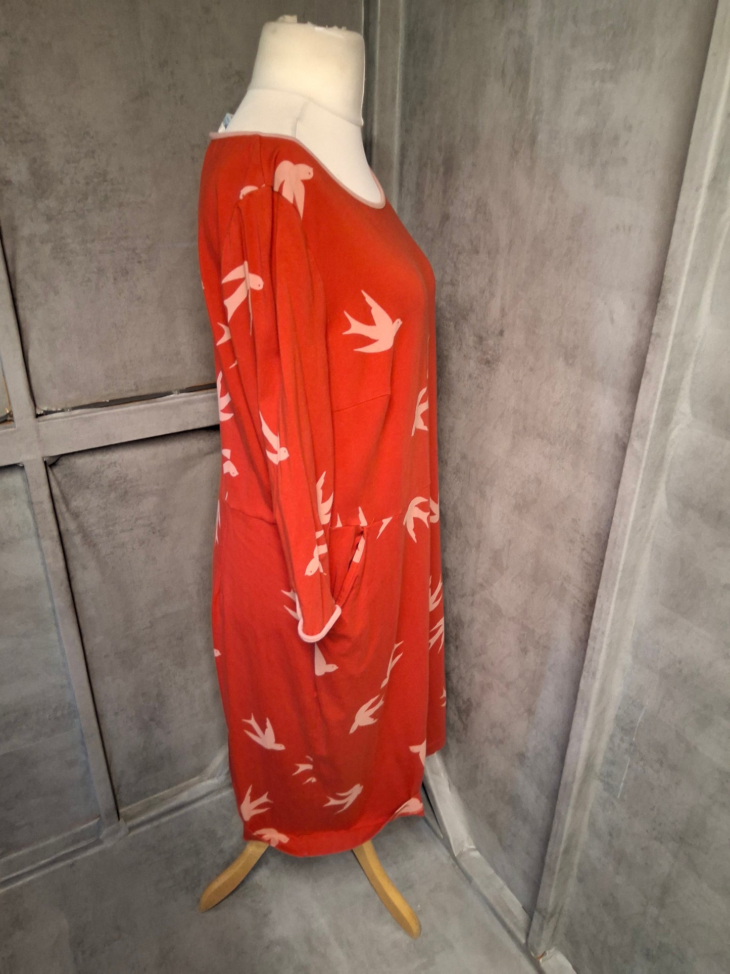 Boden Red Bird Print Midi Dress – Size 18 with Pockets!
