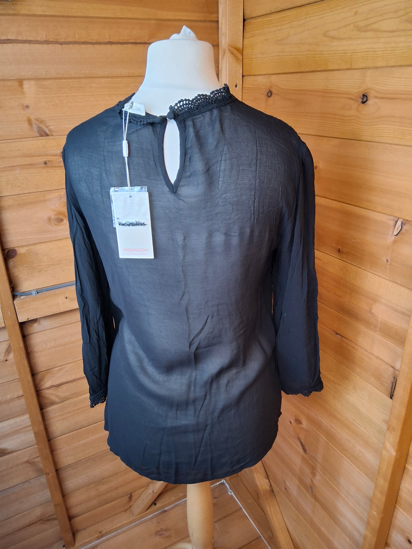 Monsoon Black Lace & Bead Blouse – Size 12 – NWT – RRP £59 – Slightly Sheer Glam