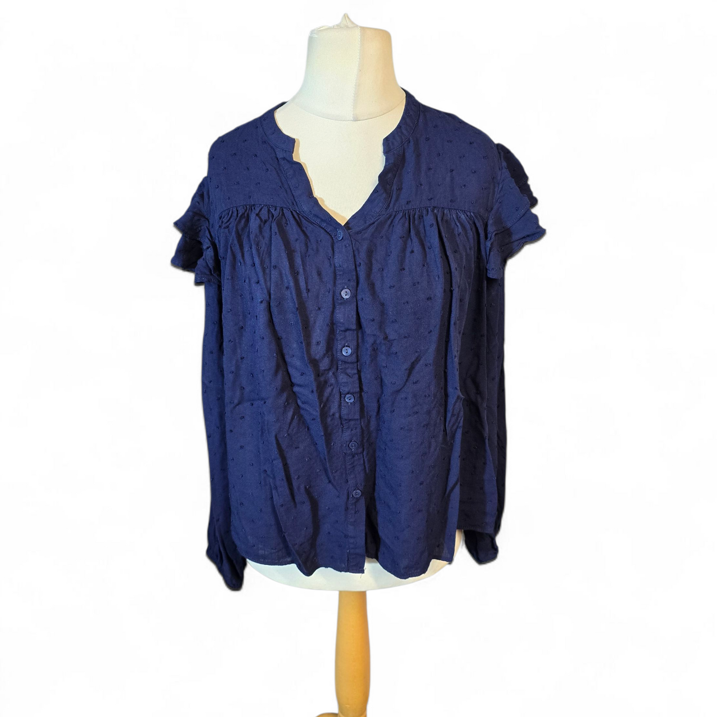 F&F Navy Frilly Embossed Blouse – V-Neck, Size 12