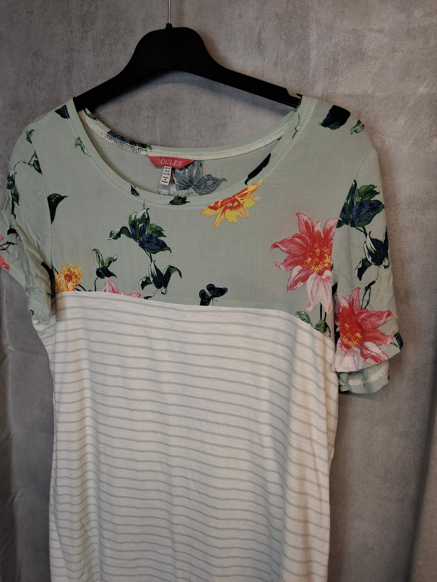 Joules Size 12 Floral Stripe T-Shirt | Short Sleeve Cotton Viscose Top | Casual Summer Everyday Tee