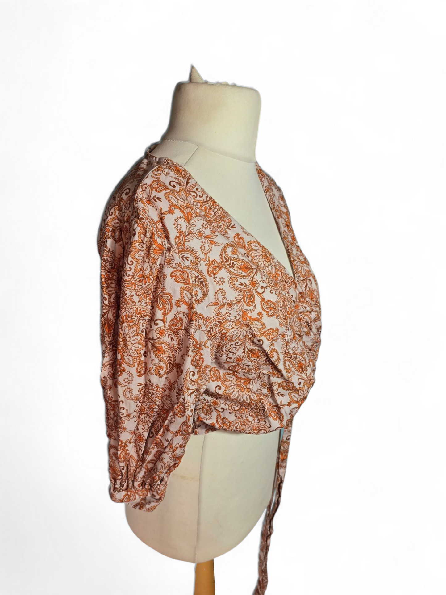 George White & Orange Wrap Crop Top | Size 12 UK | 3/4 Sleeve, Tie Front