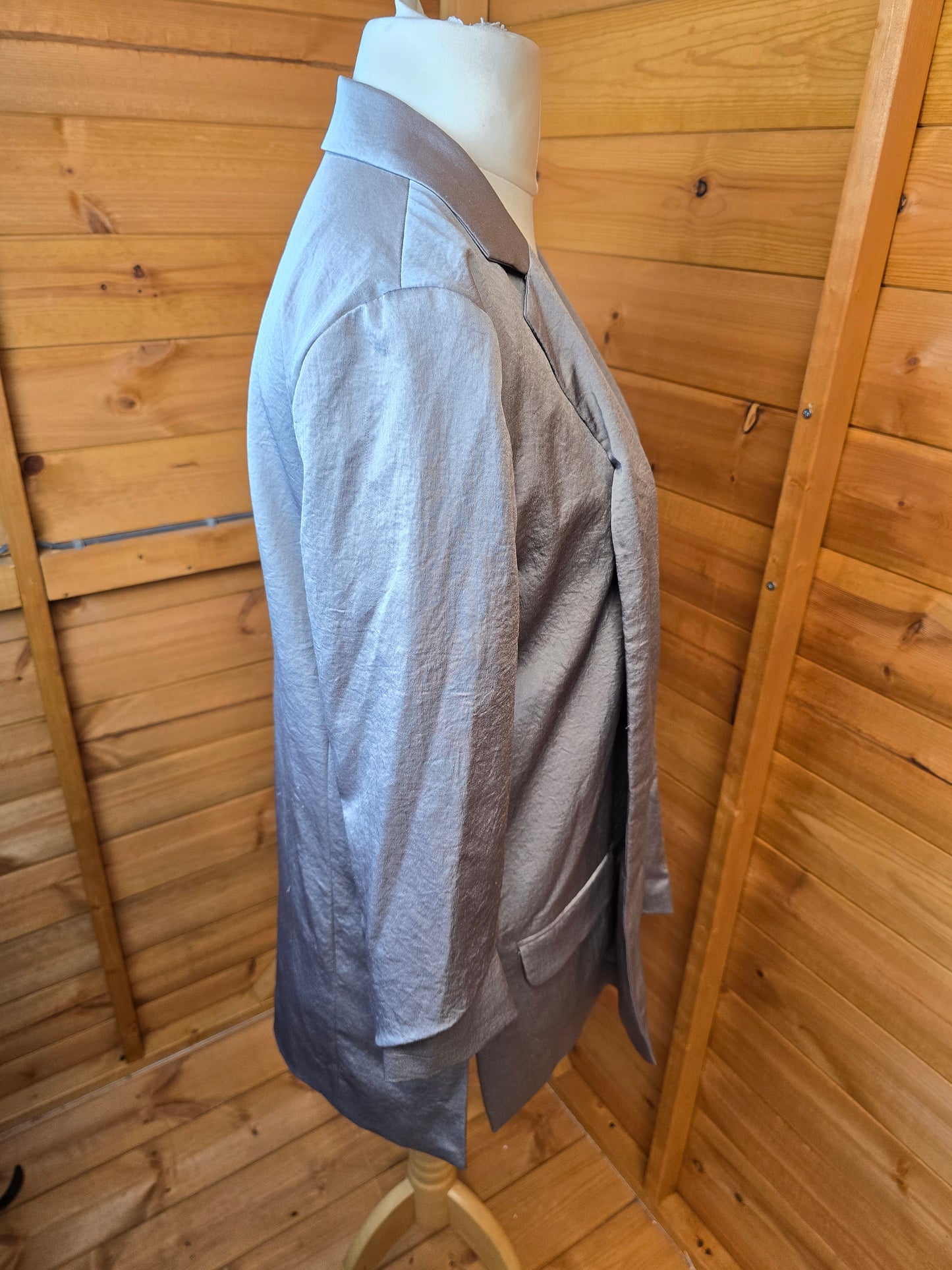 Next Tailoring Grey Metallic Open Blazer – Size 8, 3/4 Sleeves, Ruching, Lined with Pockets
