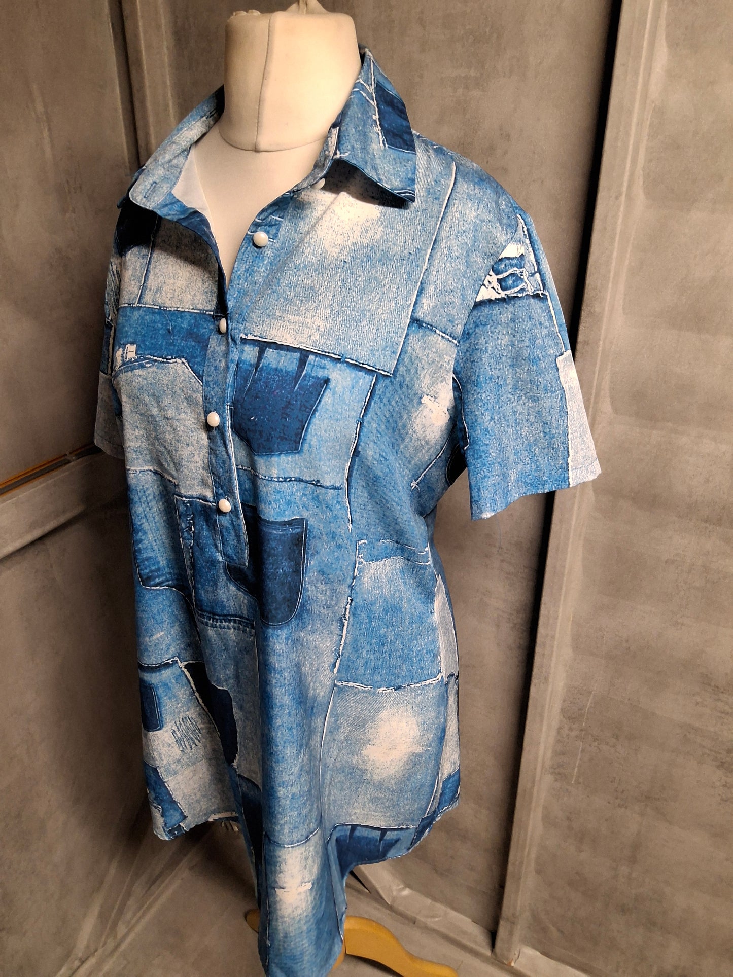 Chic Me Blue Patchwork Print Shirt Dress – Size L (UK size 12)