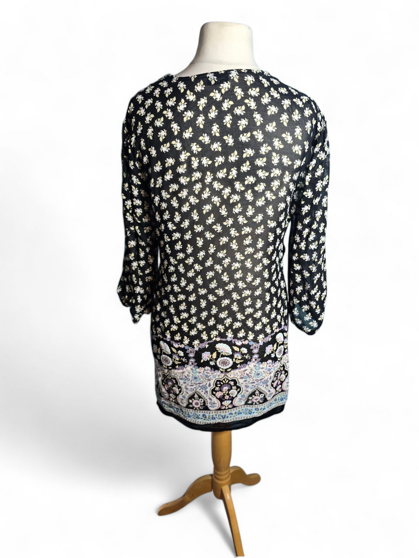 New Look Black Floral Tunic Dress – Size 18 (Fits 16), V-Neck, 3/4 Sleeves, Above Knee, Viscose