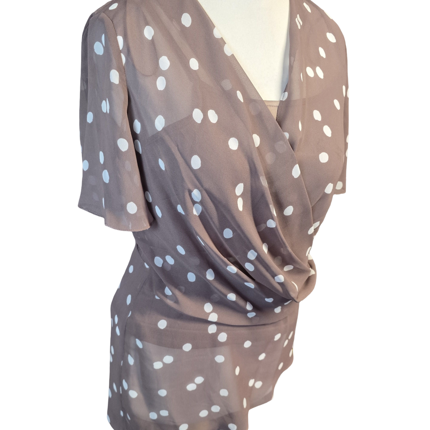 Jacques Vert Top Brown & White Size 8 Polka Dot Smart Causal New