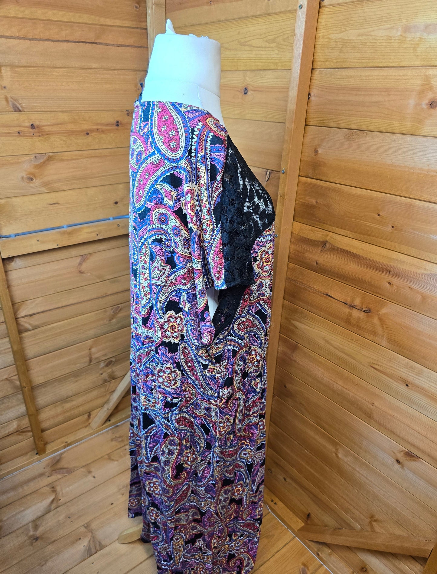Simply Be Black Multicolour Midi Dress Size 28 – Lace Front, Short Sleeves, Elasticated Waist