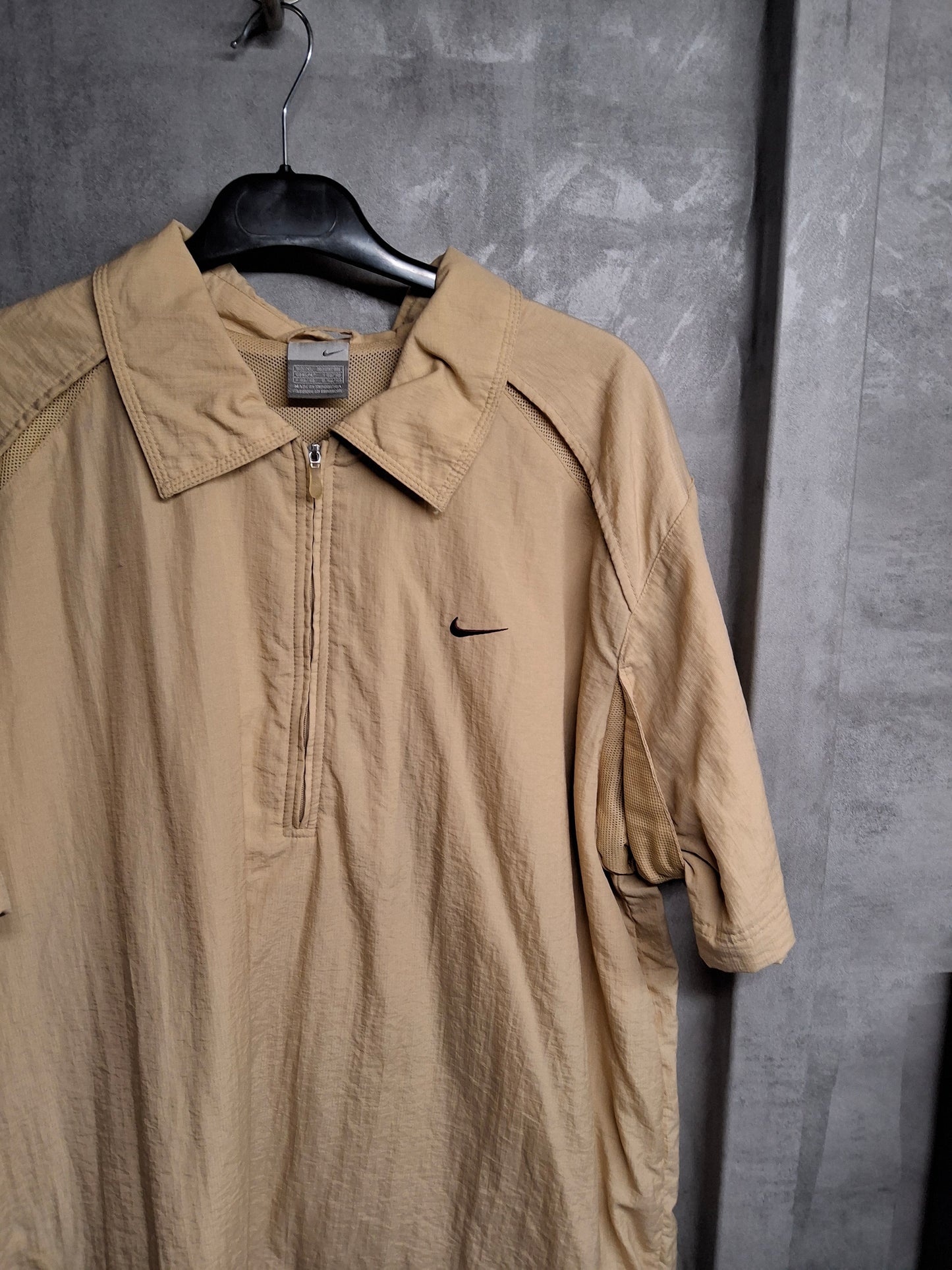 Men's Vintage 90s Y2K Nike Track Jacket – Beige, XL, 1/4 Zip, Short Sleeve, Logo, Retro Streetwear