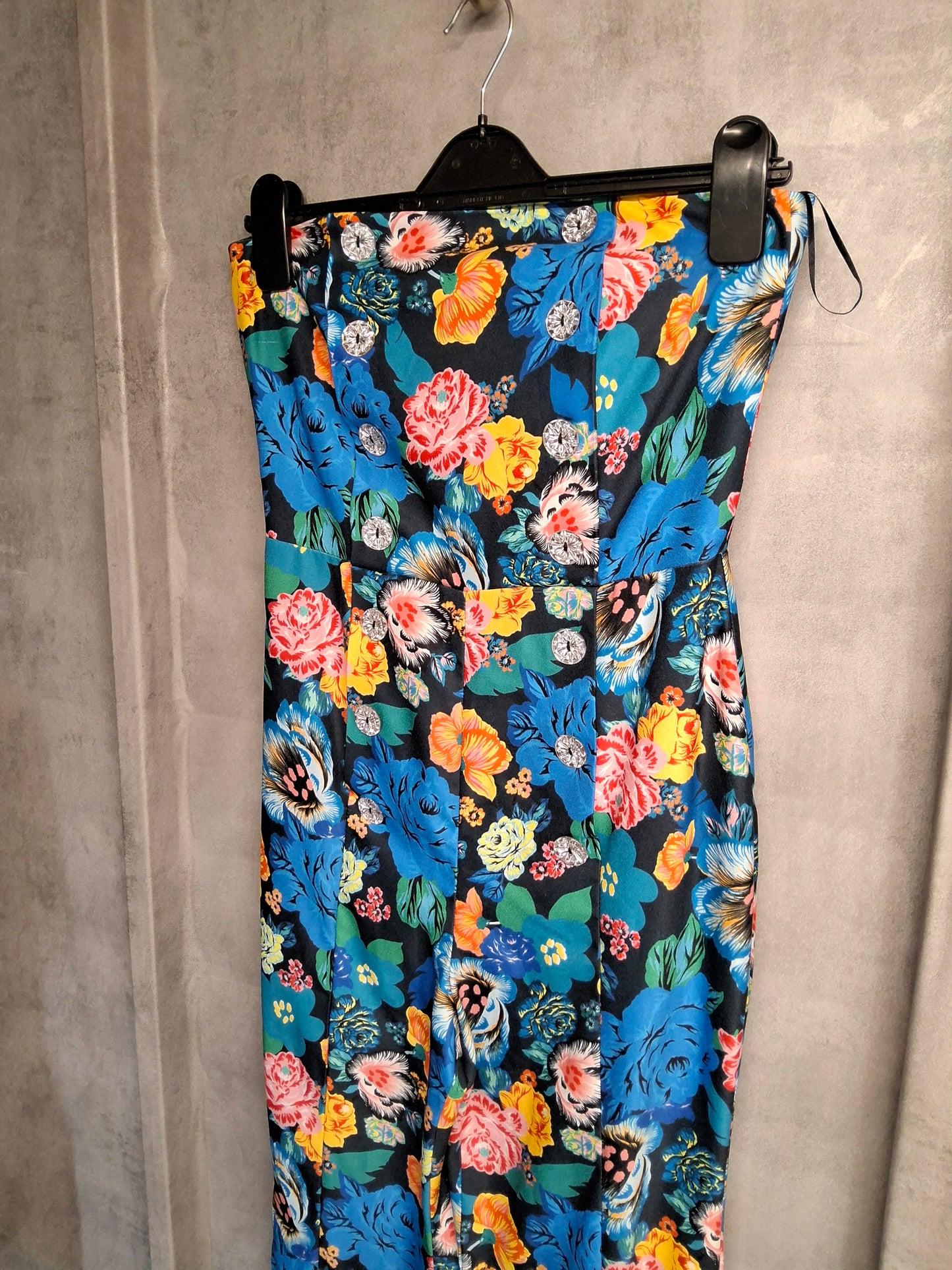 Topshop Bold Floral Strapless Jumpsuit – Size 8, Corset Top, Flared Leg with Front Slit