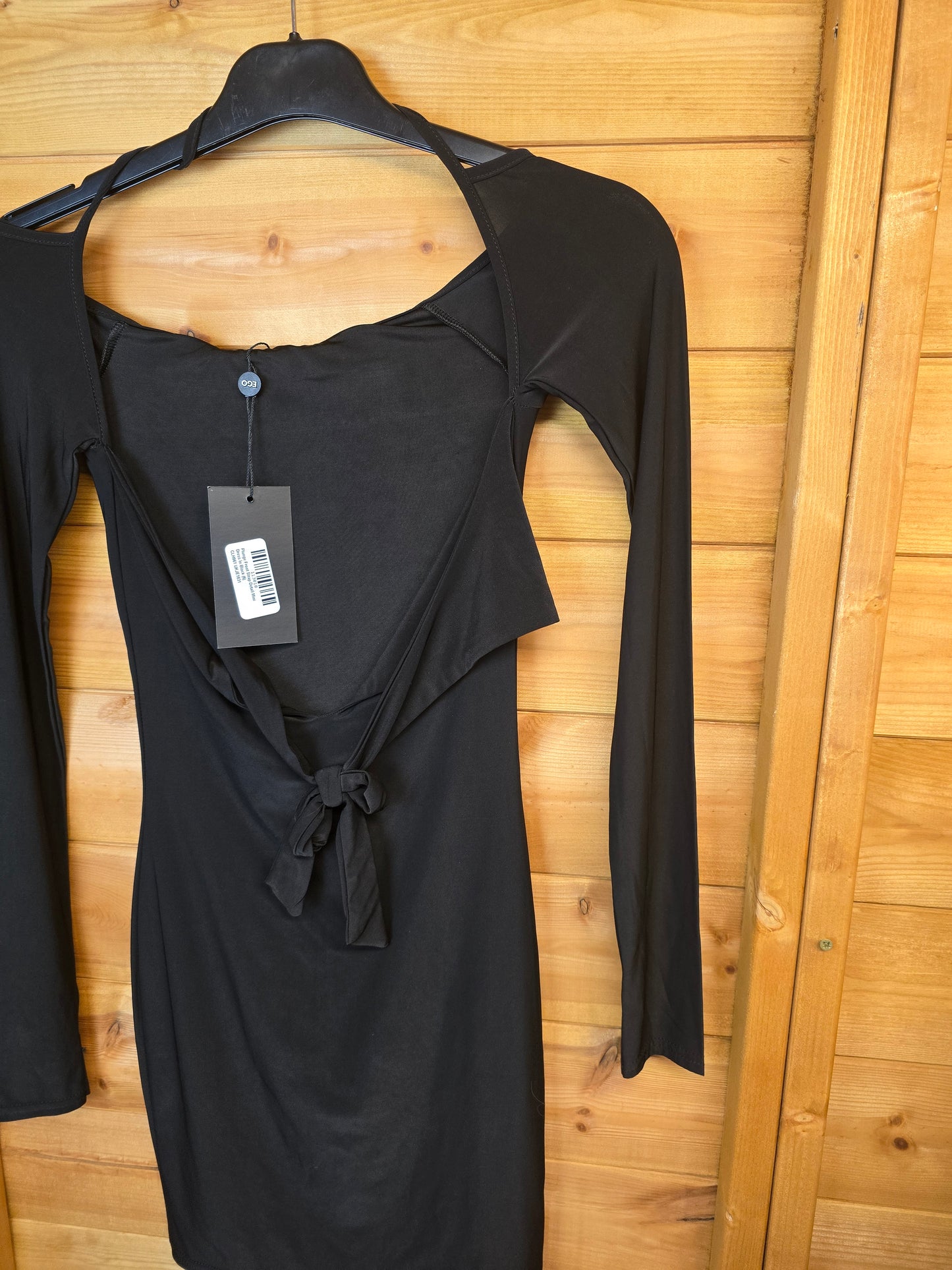 EGO Black Mini Dress Size 6 – Long Sleeves, Knotted Front, Bodycon Style, New with Tags