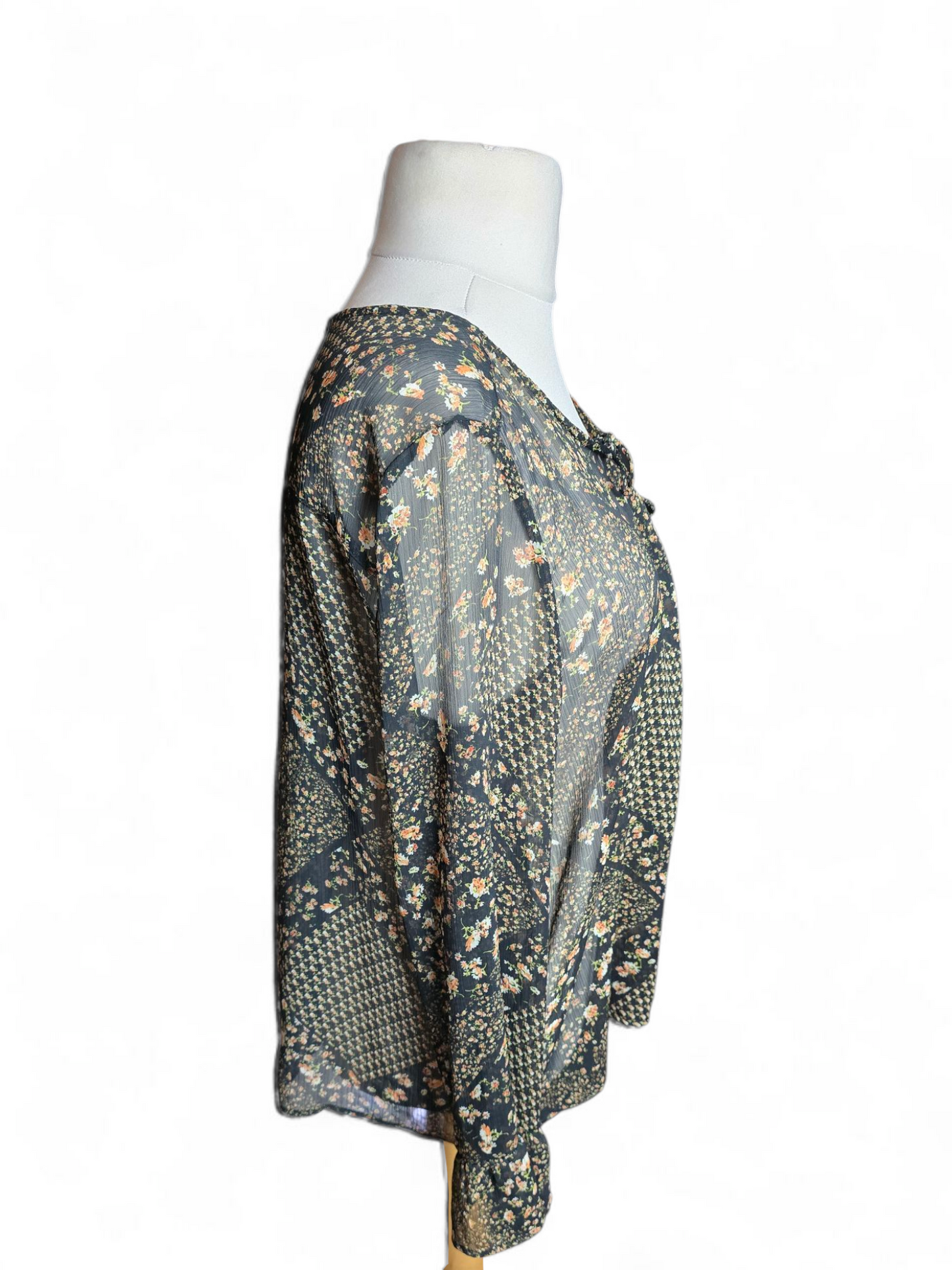 Mango Black & Orange Floral Sheer Blouse Size XL (UK 12/14) – Flared Cuffs, Tie Front