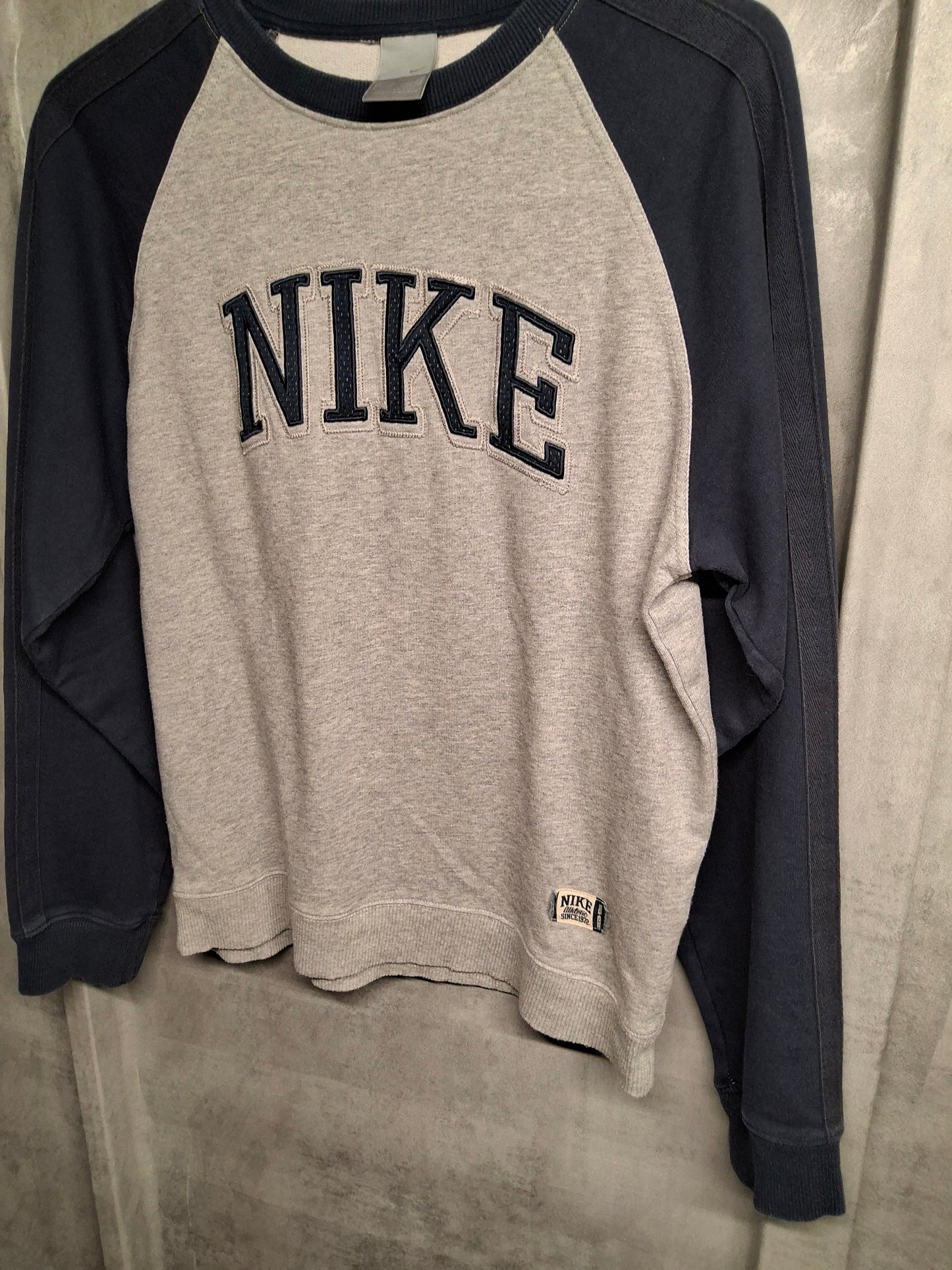 Men's Y2K Nike Grey & Navy Sweater – Small, Long Sleeve, Crew Neck, Logo Front, Sporty Retro Fit