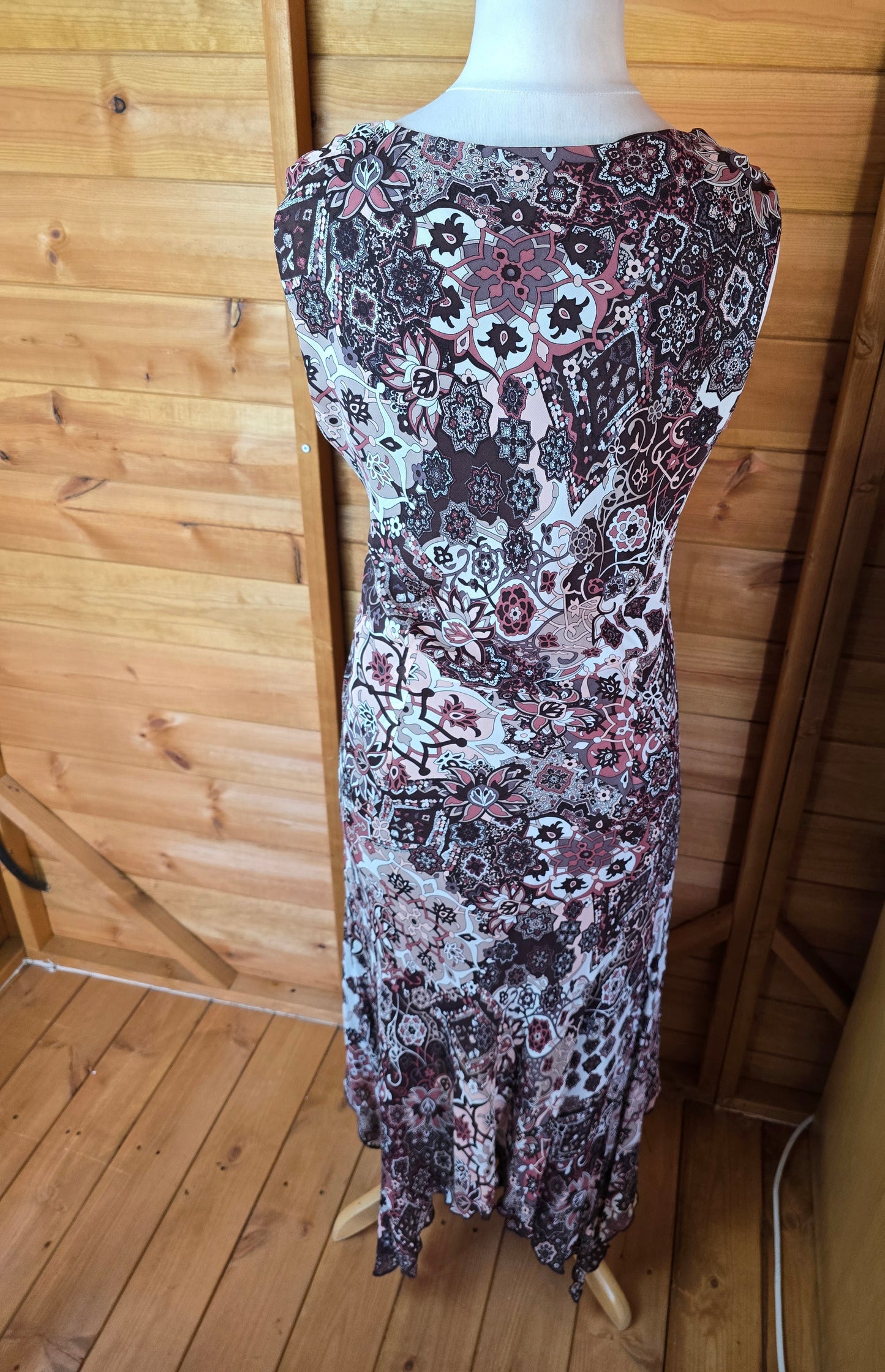 Etam Y2K Brown & Cream Floral Midi Dress – V-Neck, Sleeveless, Asymmetric Zip, Size UK size 10