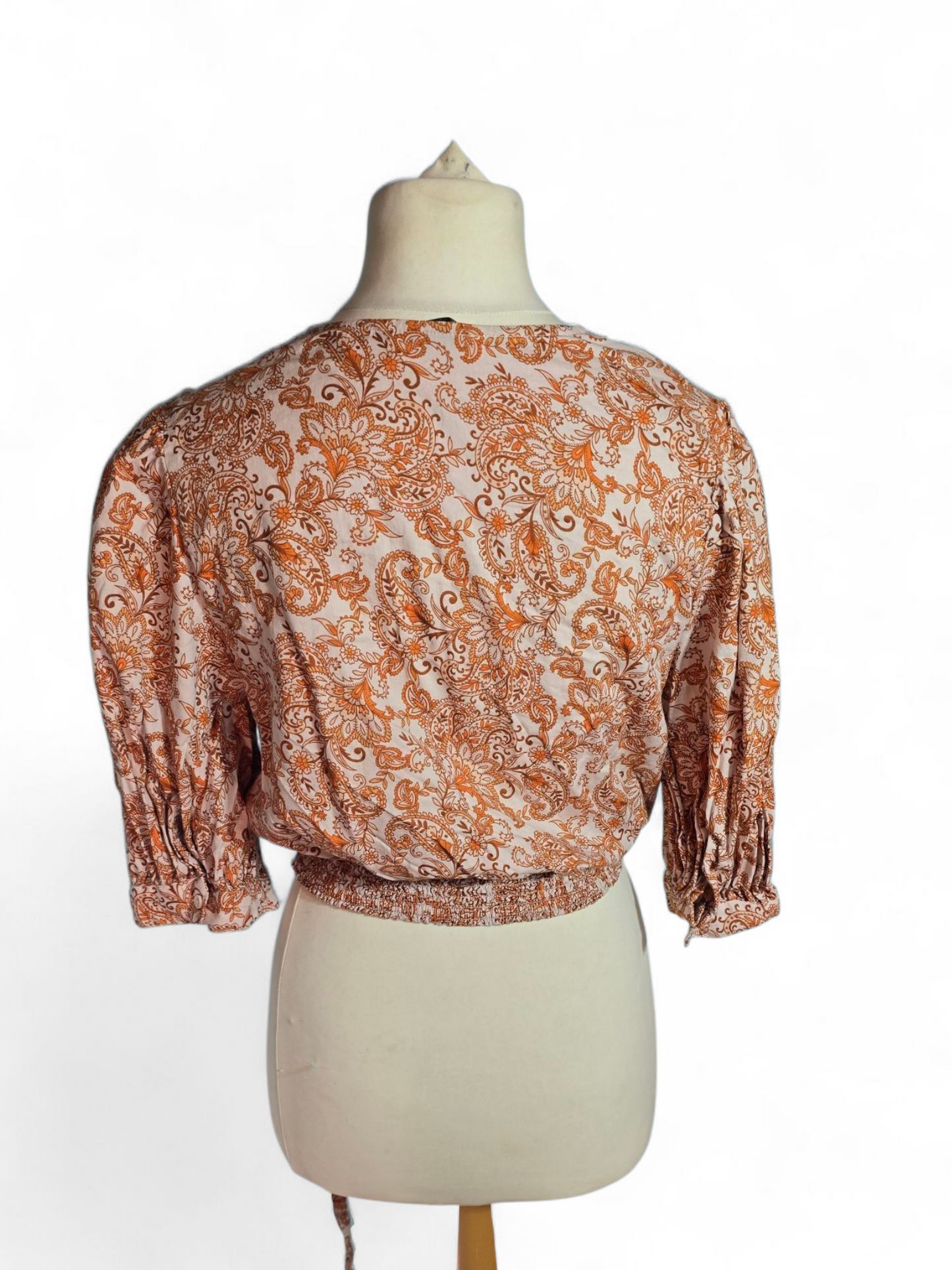 George White & Orange Wrap Crop Top | Size 12 UK | 3/4 Sleeve, Tie Front