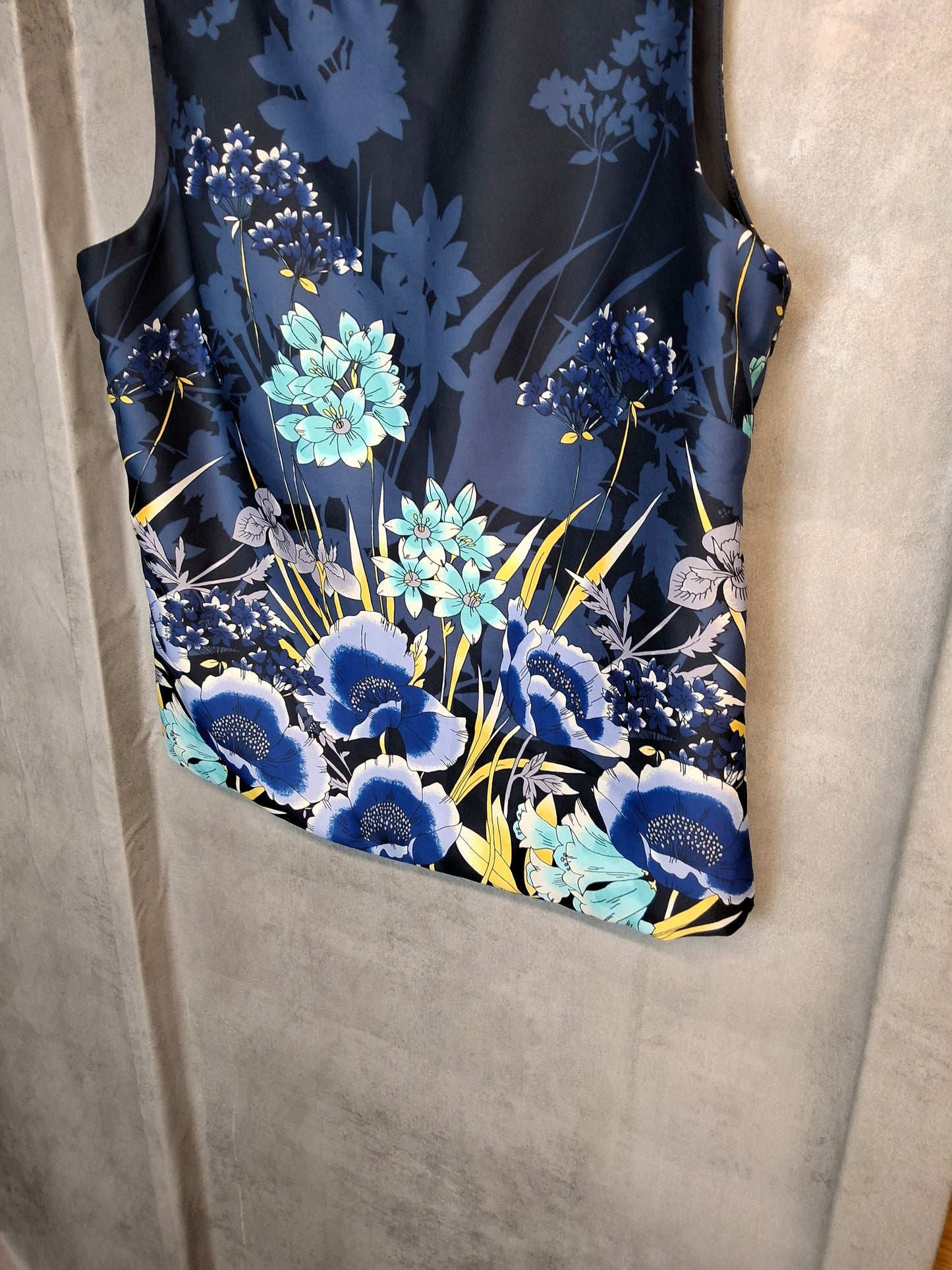 Untold Navy Floral Sleeveless Top | Size 10 | Silky Satin Feel | Smart Casual | Bold Print Blouse