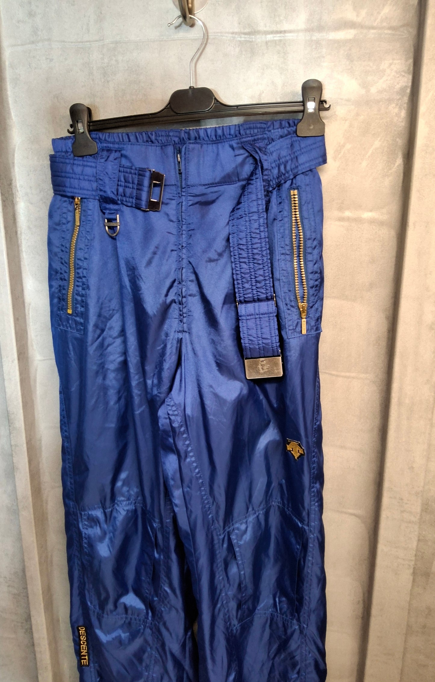 Descente Men’s Blue Ski Trousers – Belted, Cuffed Bottoms, Size W28” L41” – Polyamide