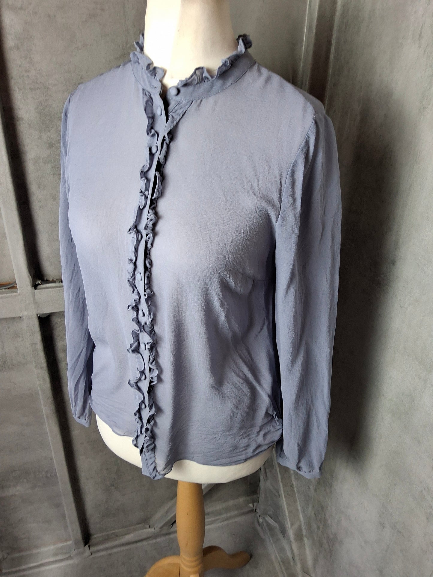 Boden Light Blue 100% Silk Ruffle Blouse – Size 10 Slightly Sheer