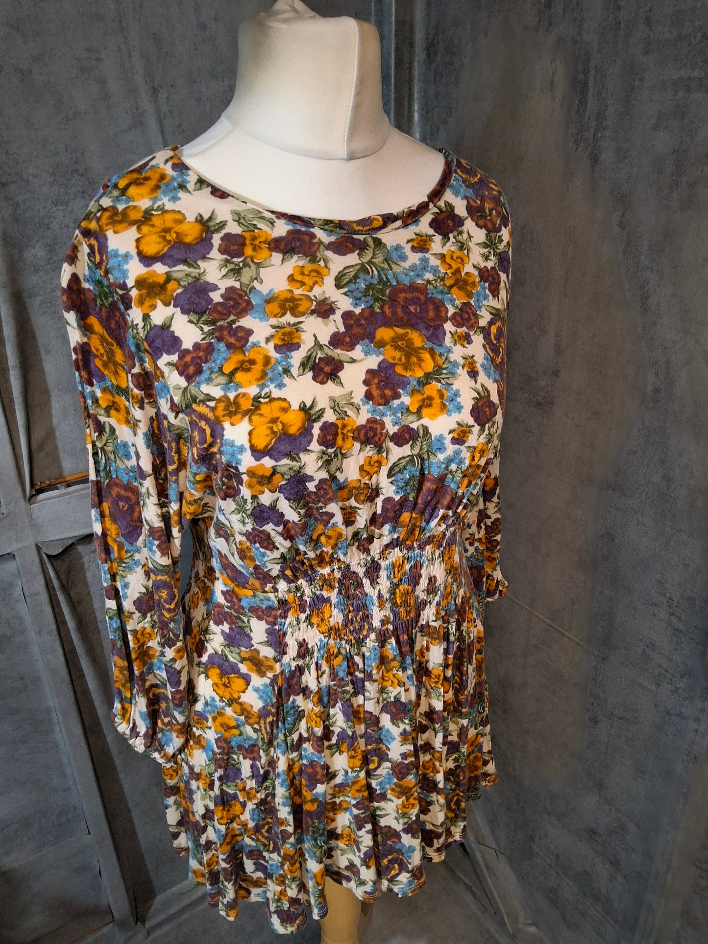 Topshop Multicoloured Floral Blouse – Elasticated Waist, ¾ Sleeve – Size 12