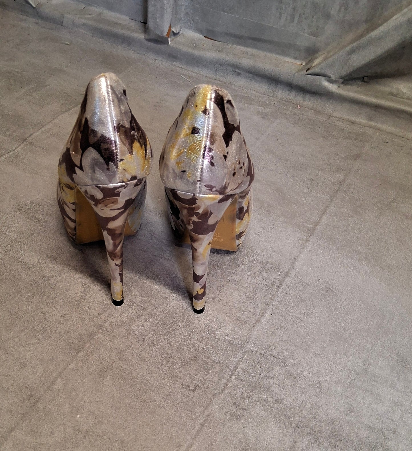 Sergio Todzi Silver, Purple & Yellow Floral Platform High Heels UK 4 – Metallic 13cm Heel