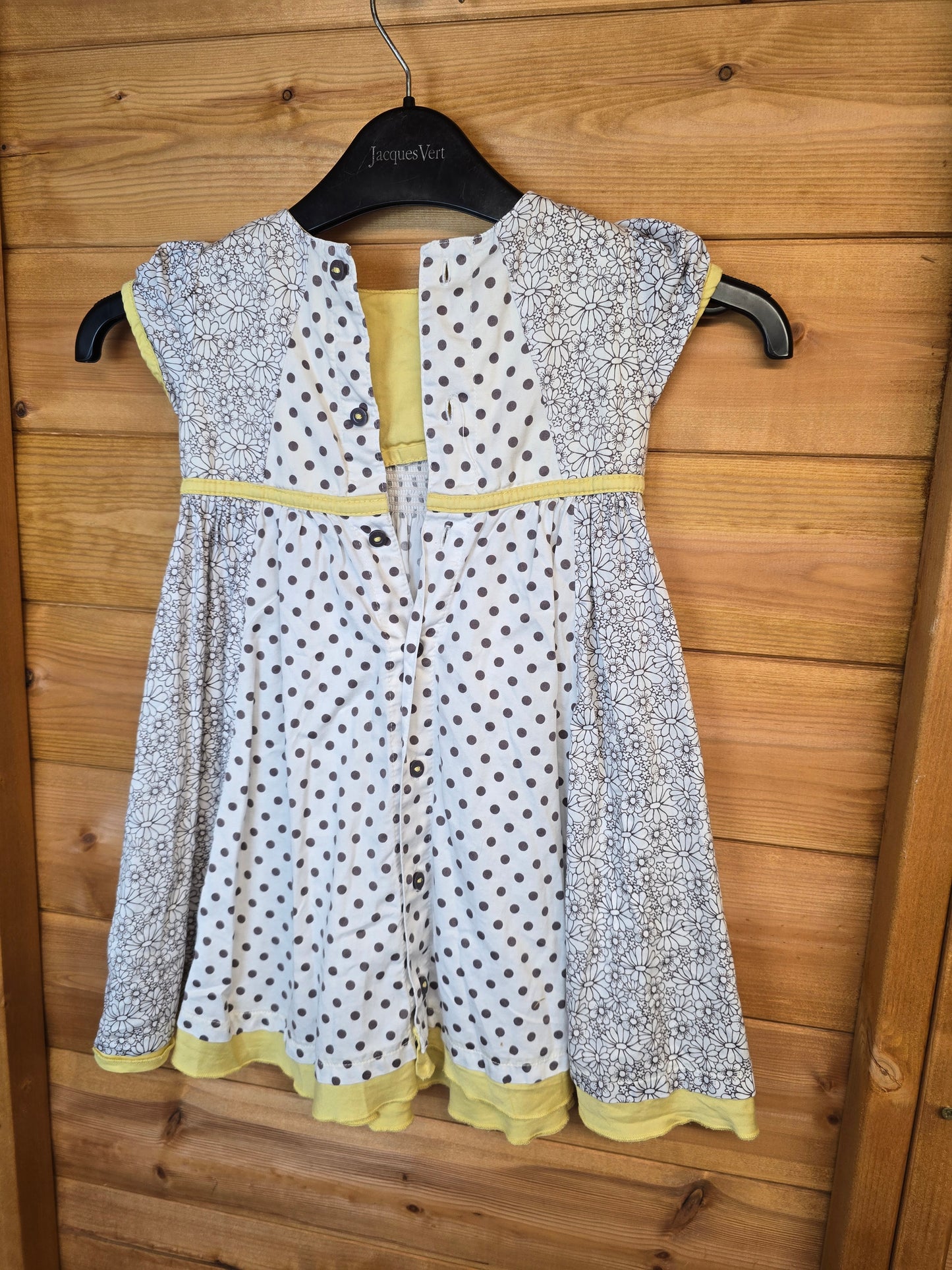 Marks & Spencer Girls' White, Yellow & Brown Floral Polka Dot Dress – Short Sleeves, Elastic Front