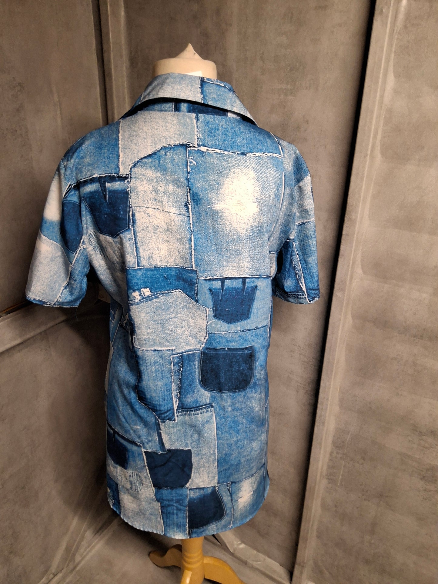 Chic Me Blue Patchwork Print Shirt Dress – Size L (UK size 12)