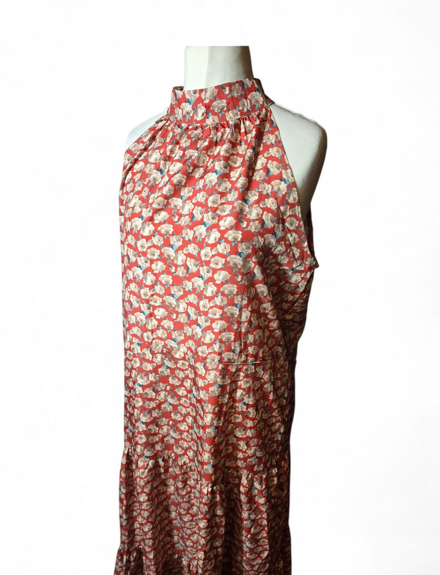 Red & beige floral halterneck sleeveless flared maxi dress XL size 14/16